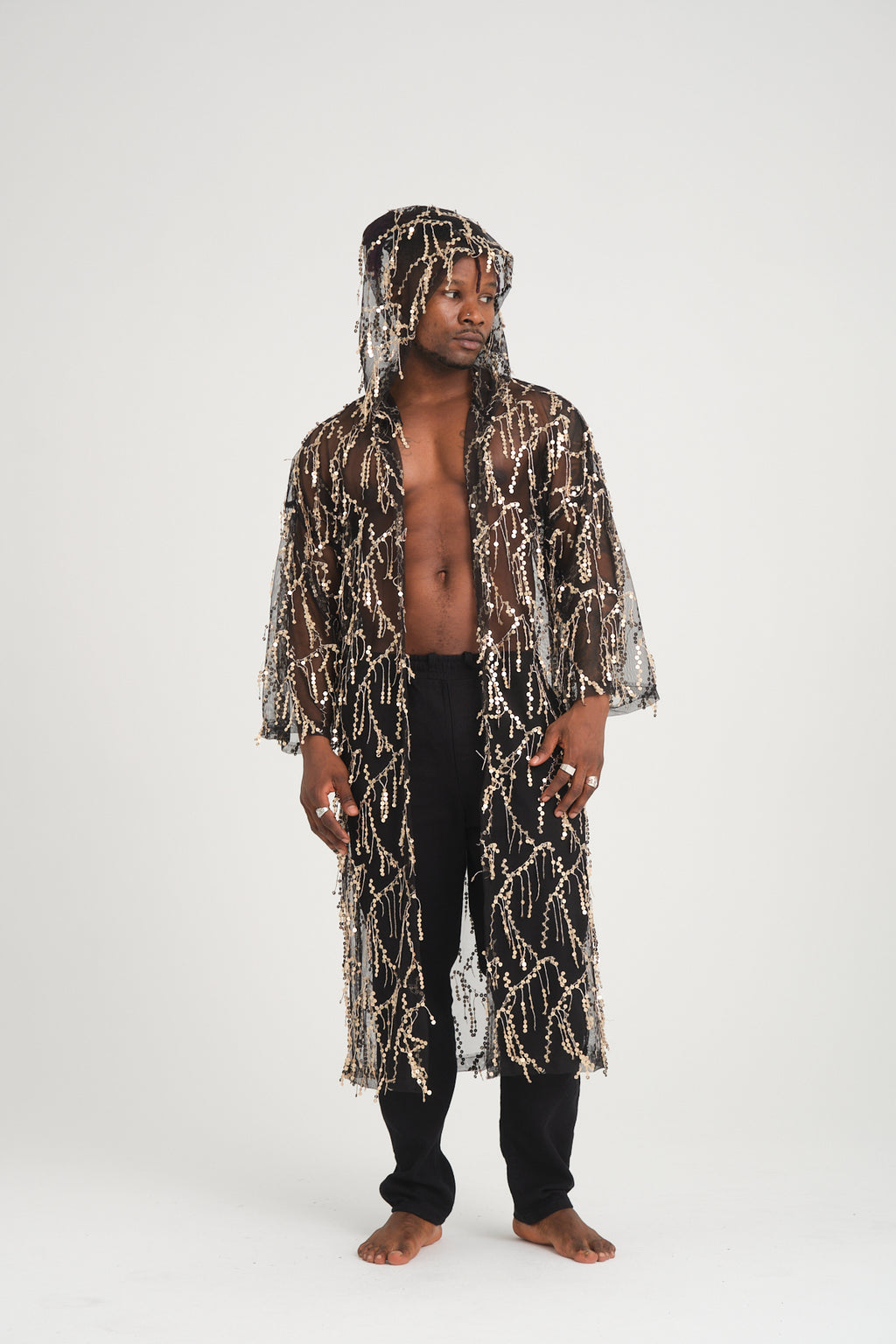 Pul Payetli Püsküllü Siyah Gold Uzun Kimono