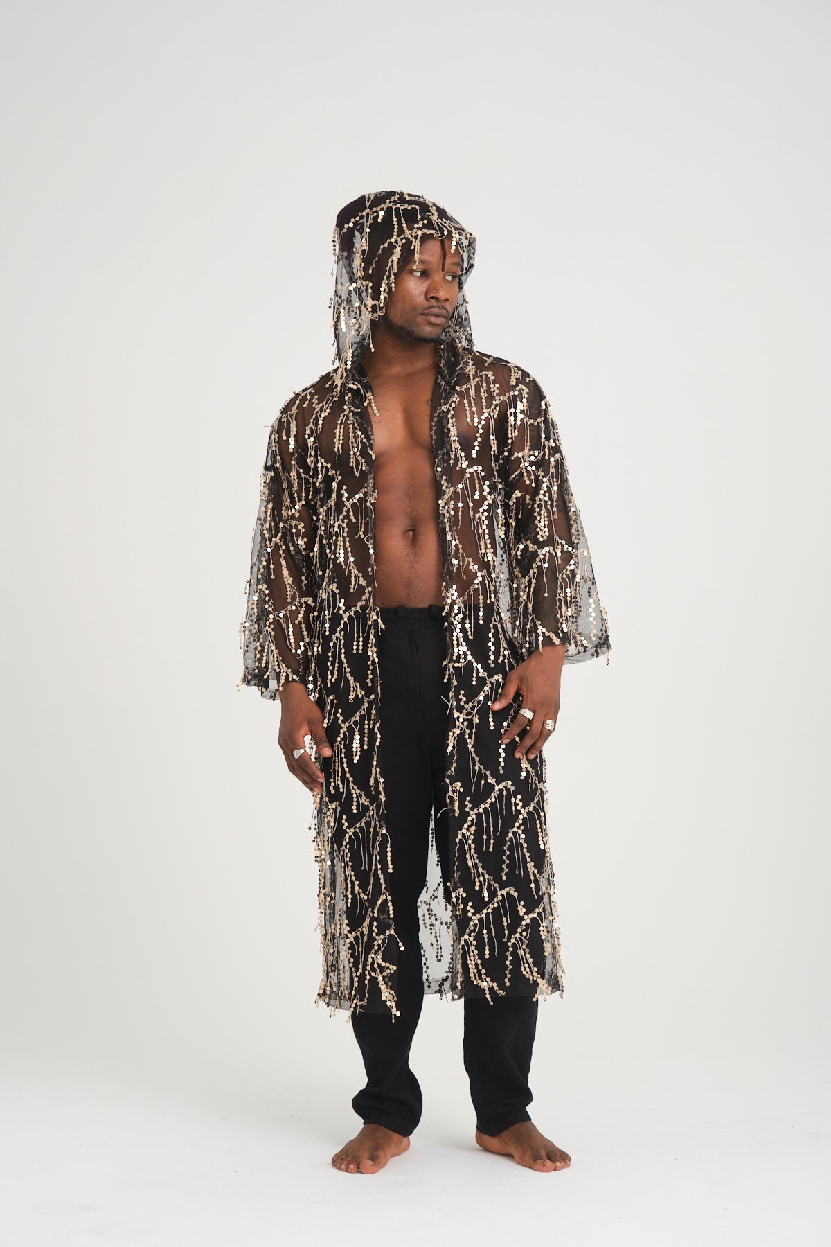 Pul Payetli Püsküllü Siyah Gold Uzun Kimono