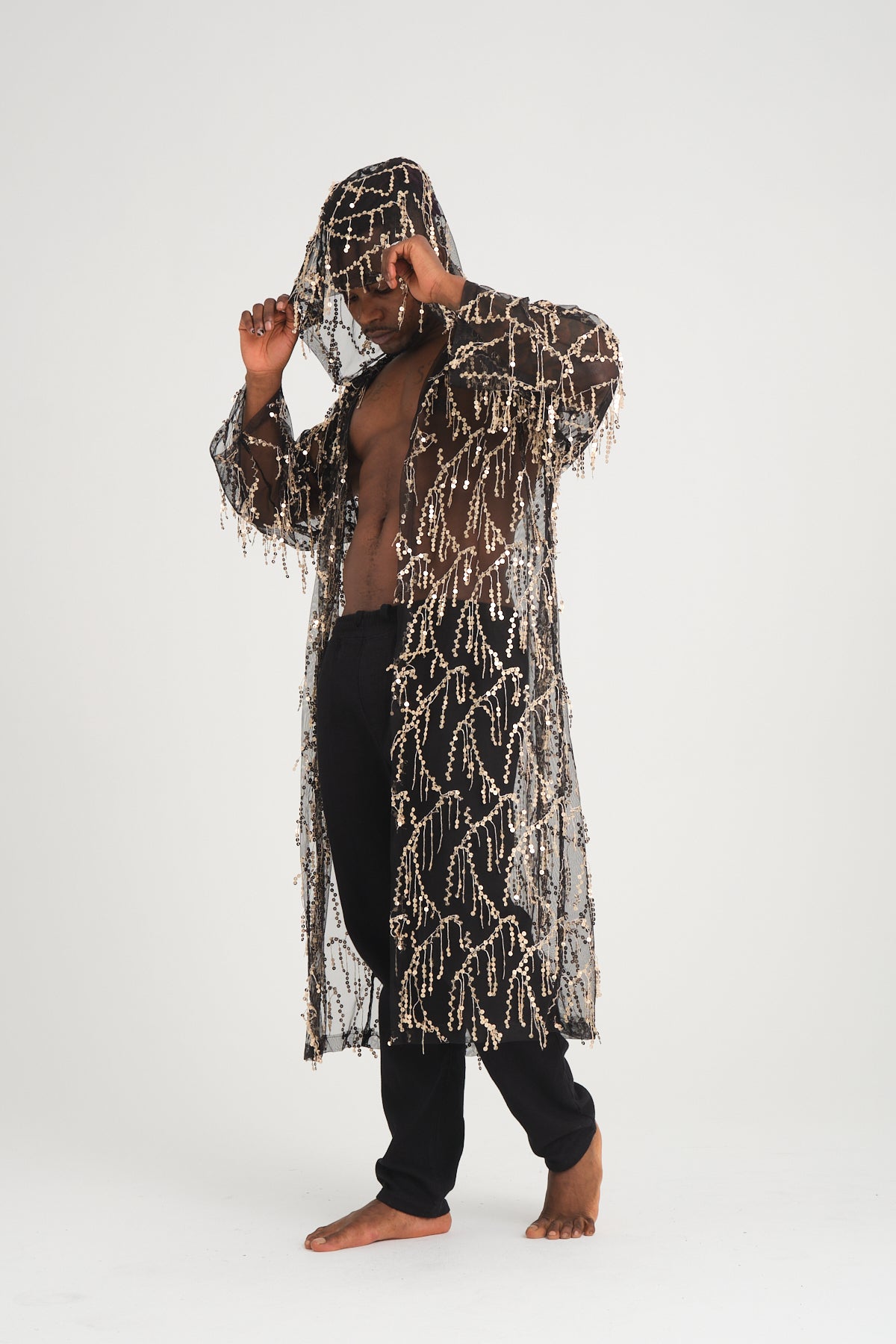 Pul Payetli Püsküllü Siyah Gold Uzun Kimono