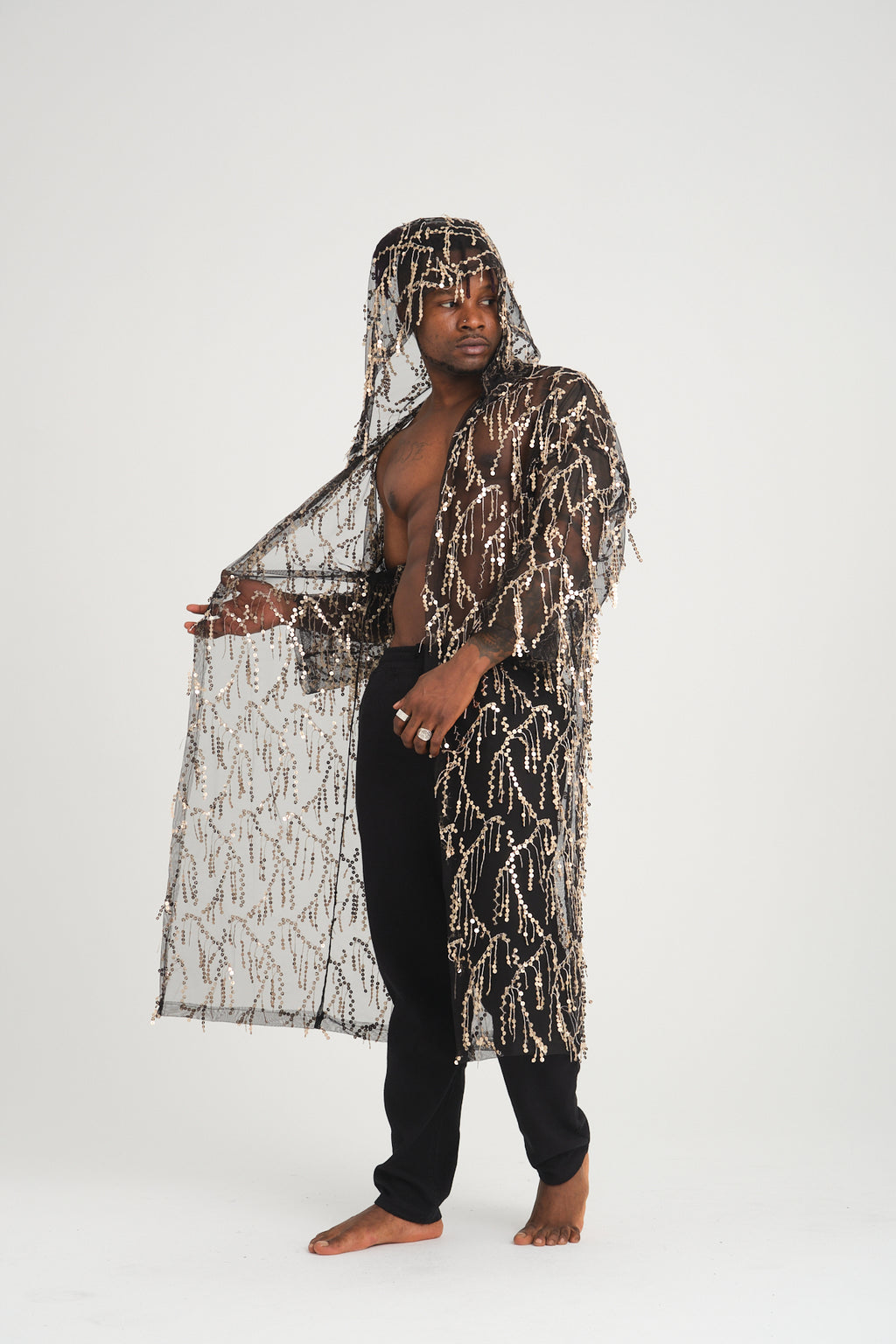 Pul Payetli Püsküllü Siyah Gold Uzun Kimono