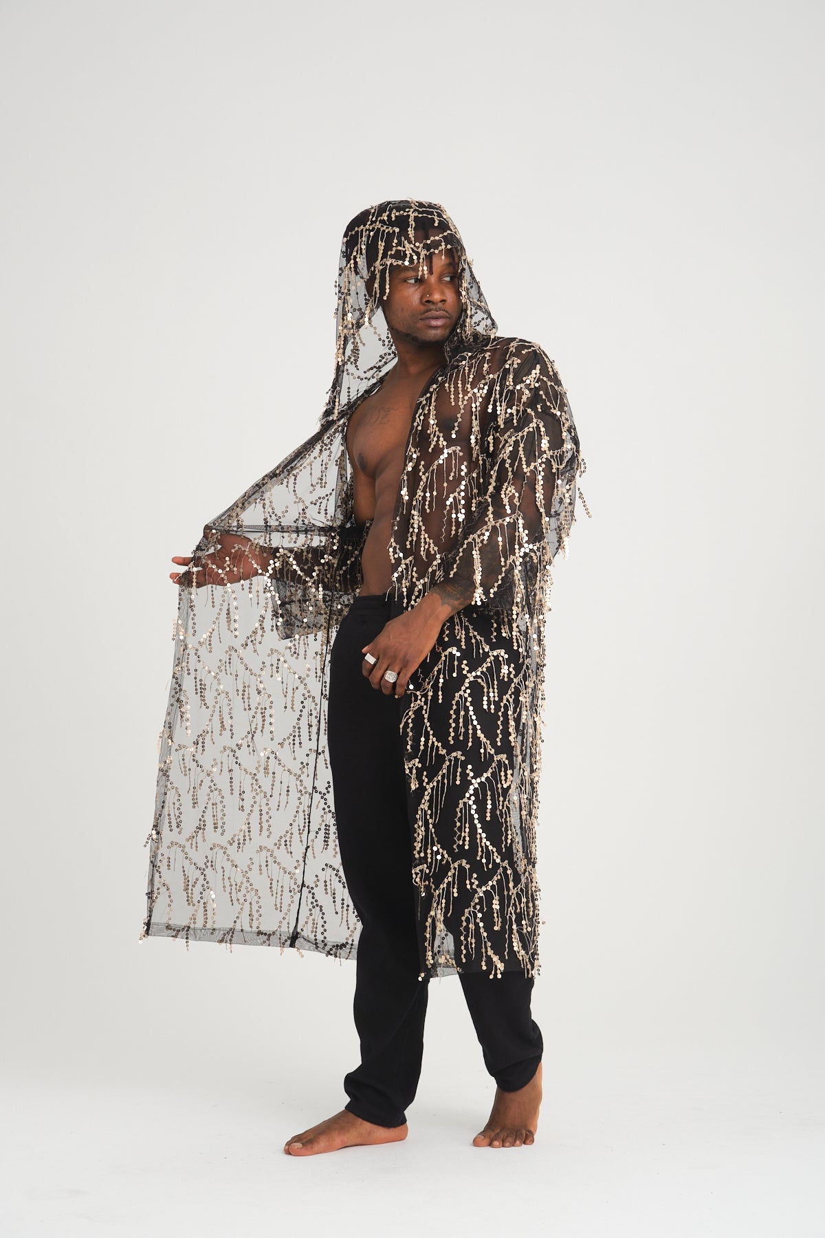 Pul Payetli Püsküllü Siyah Gold Uzun Kimono