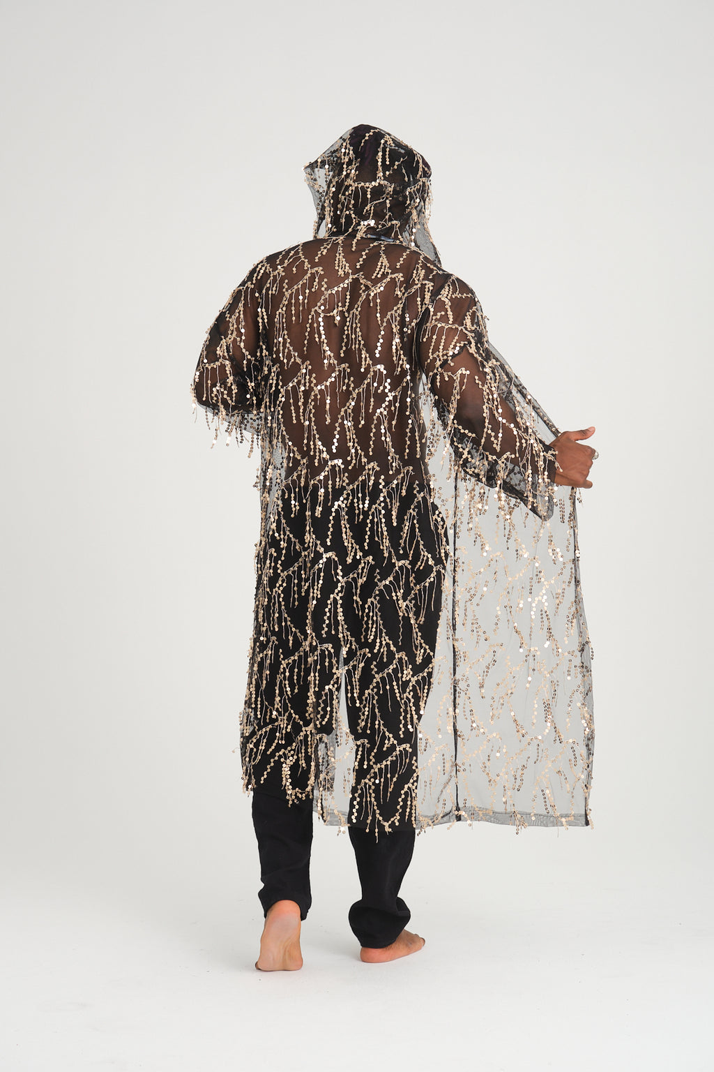 Pul Payetli Püsküllü Siyah Gold Uzun Kimono