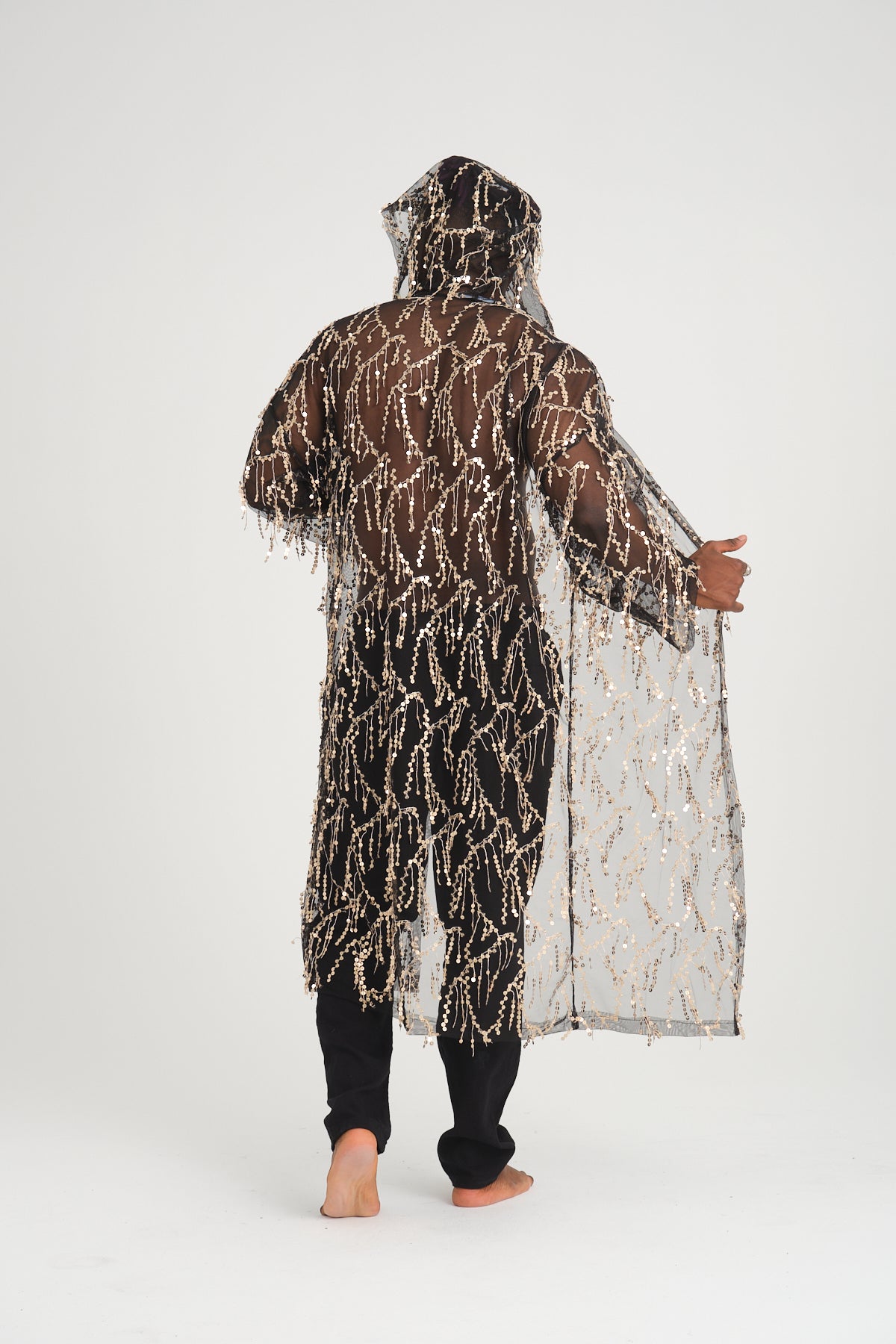 Pul Payetli Püsküllü Siyah Gold Uzun Kimono