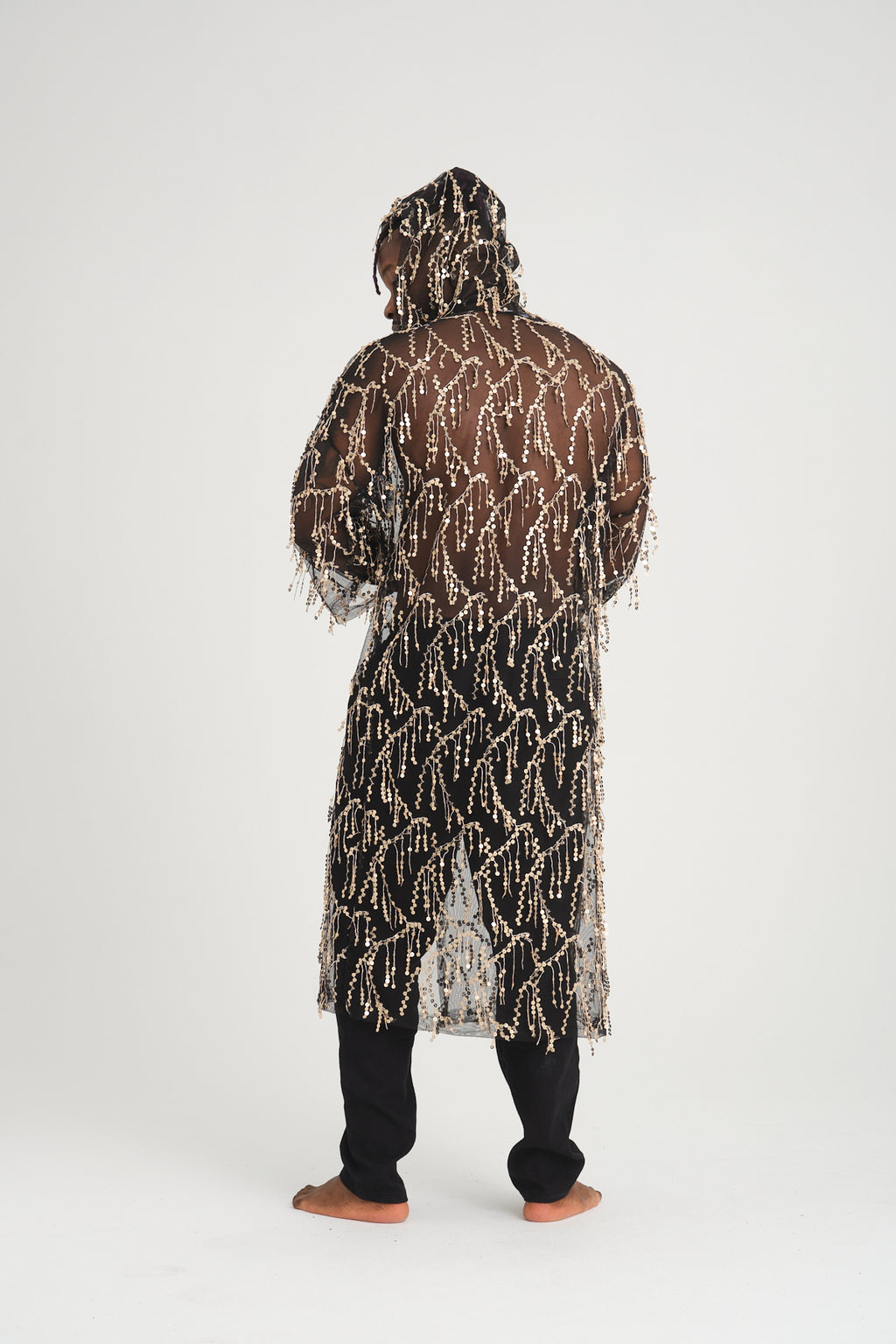 Pul Payetli Püsküllü Siyah Gold Uzun Kimono