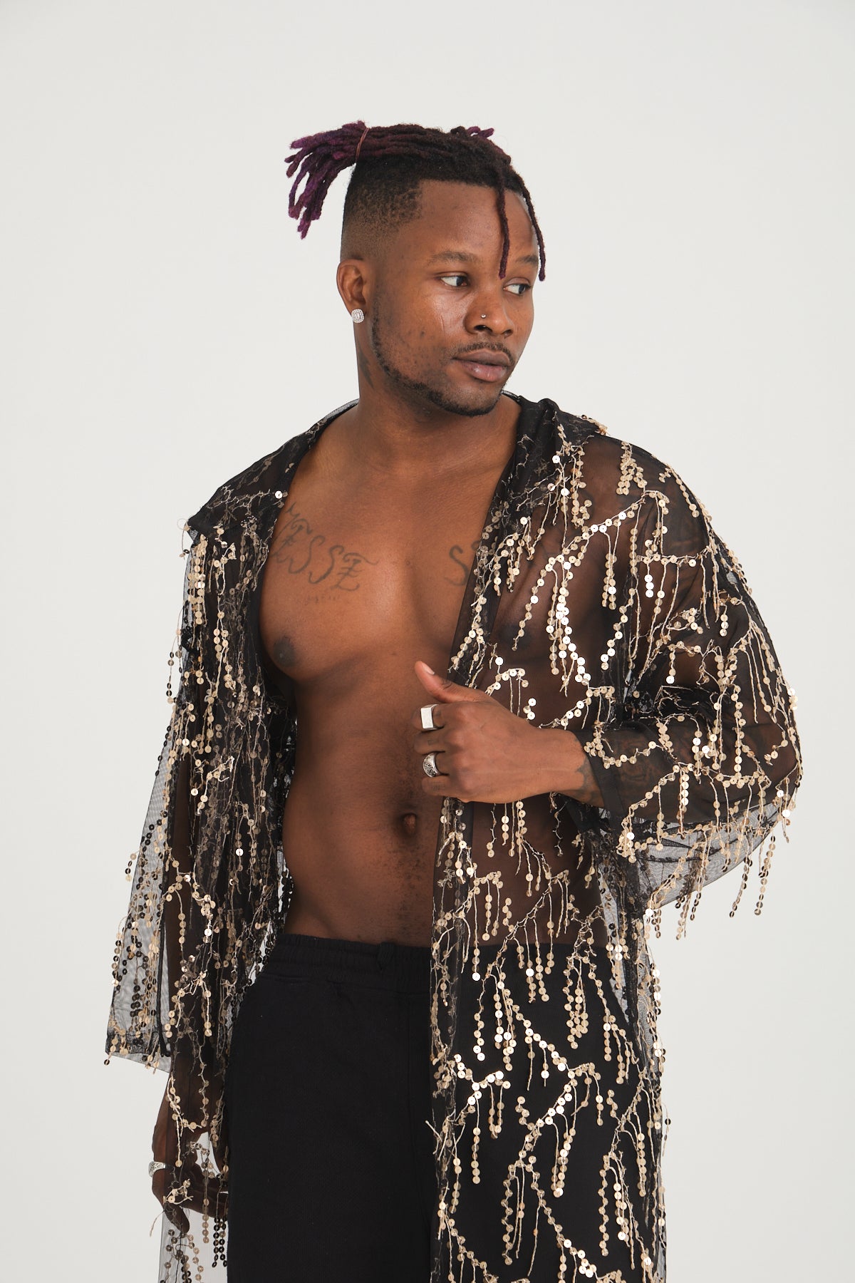 Pul Payetli Püsküllü Siyah Gold Uzun Kimono