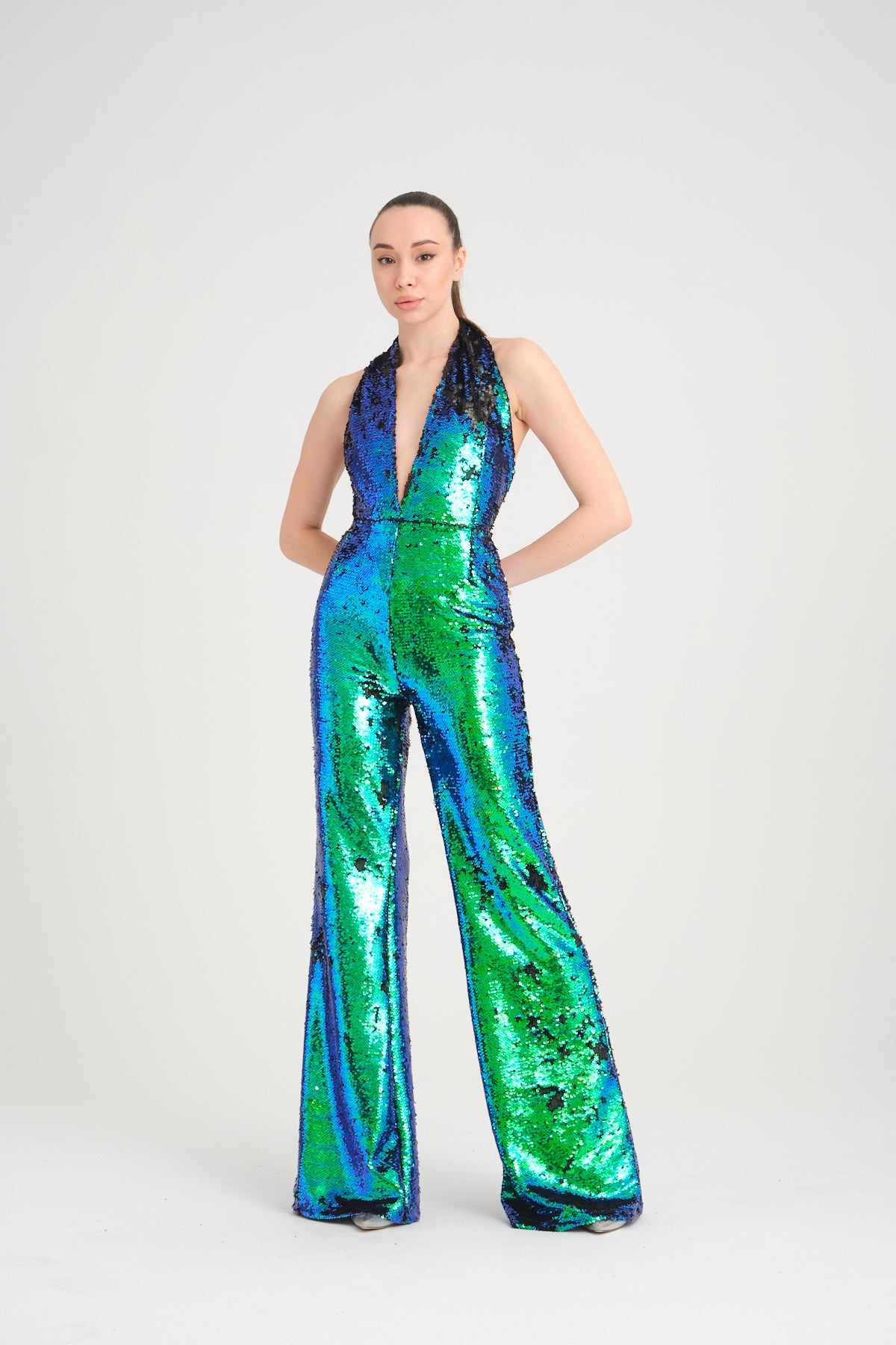 V Yaka Pul Payetli Yeşil Mavi Hologram Abiye Tulum