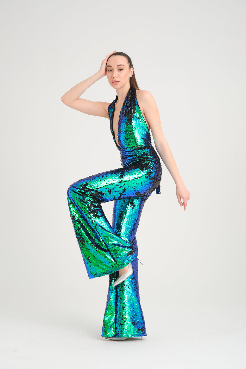 V Yaka Pul Payetli Yeşil Mavi Hologram Abiye Tulum