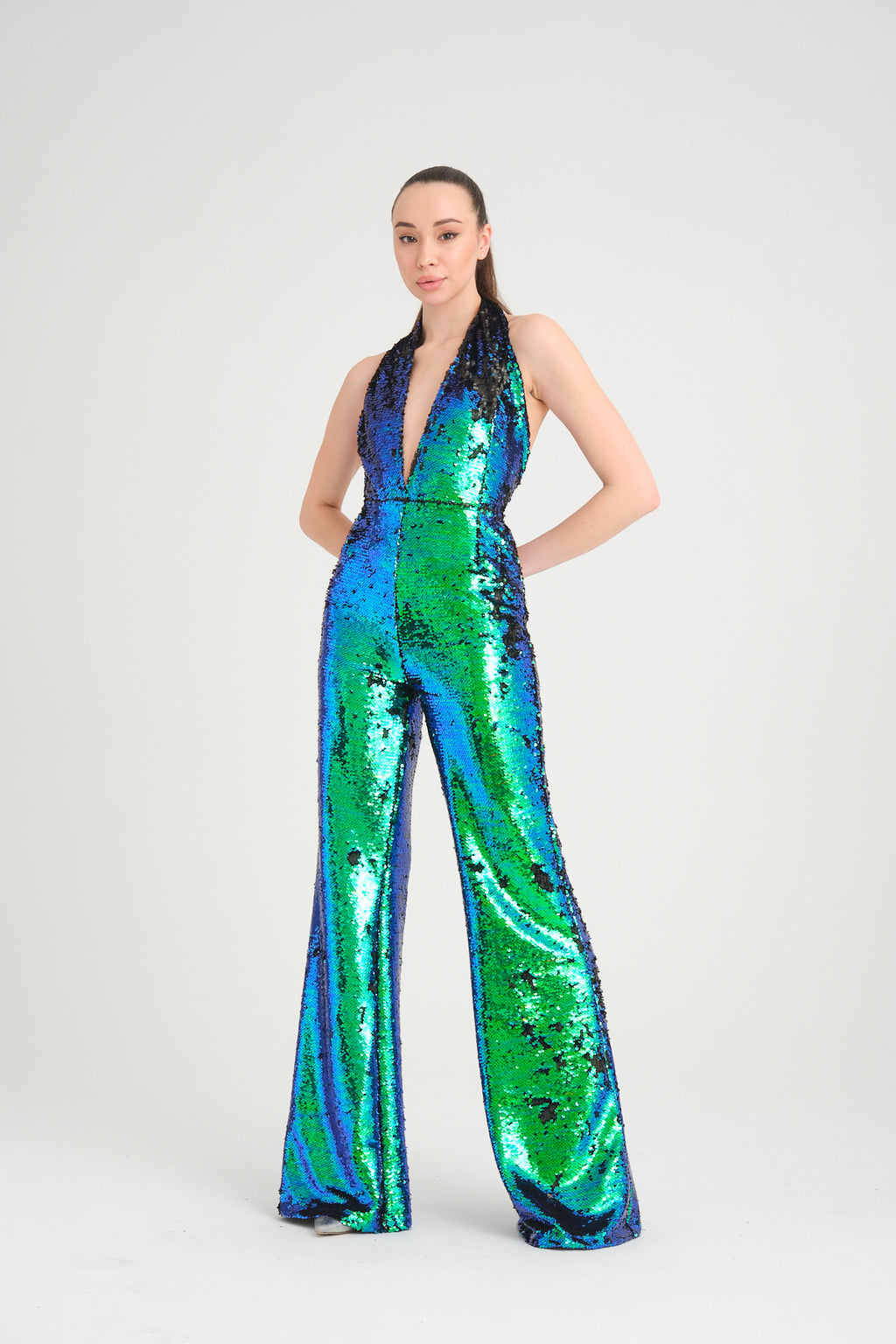 V Yaka Pul Payetli Yeşil Mavi Hologram Abiye Tulum