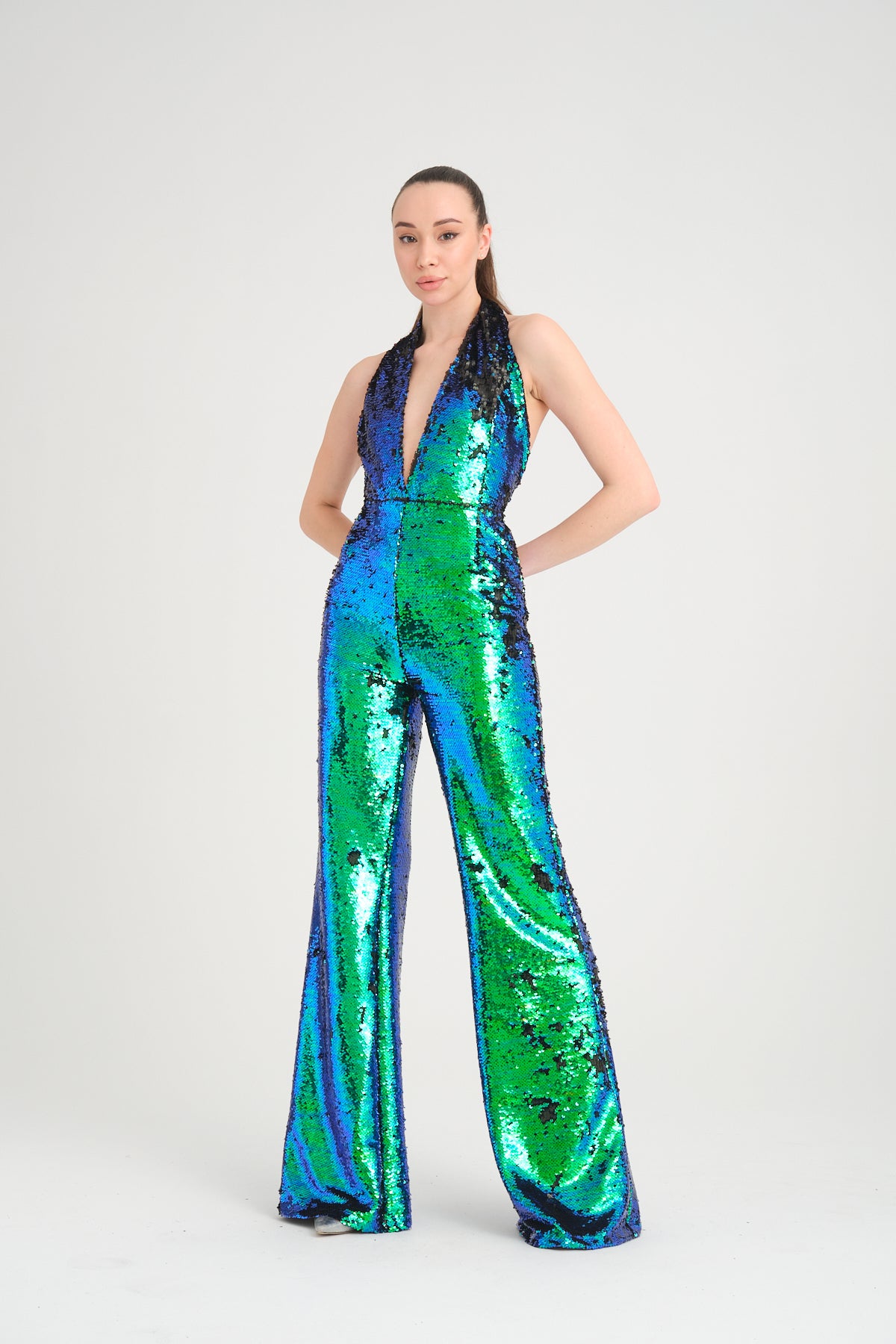 V Yaka Pul Payetli Yeşil Mavi Hologram Abiye Tulum