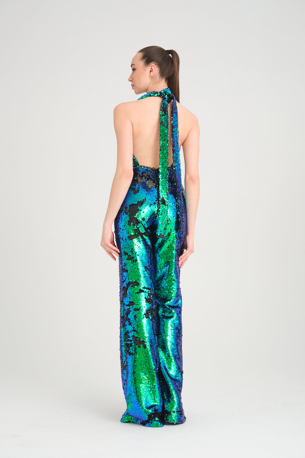 V Yaka Pul Payetli Yeşil Mavi Hologram Abiye Tulum