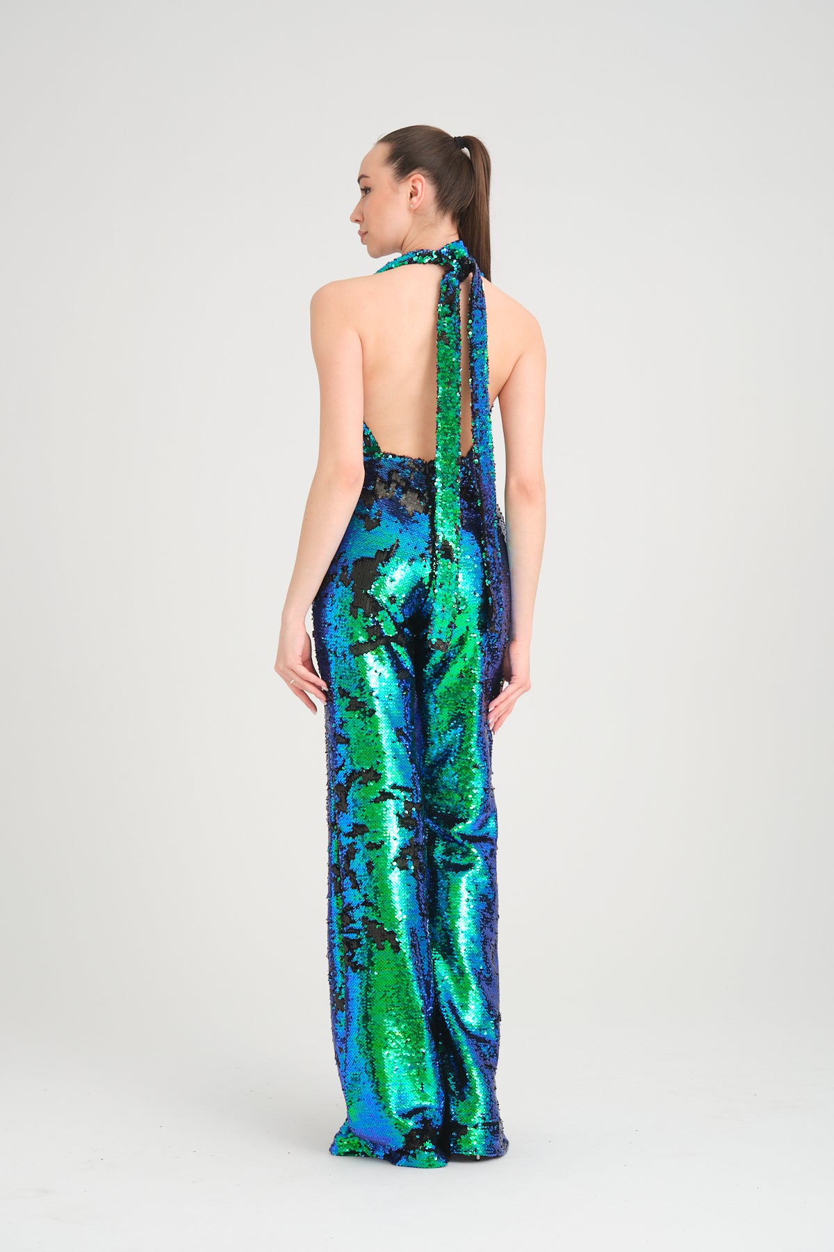 V Yaka Pul Payetli Yeşil Mavi Hologram Abiye Tulum