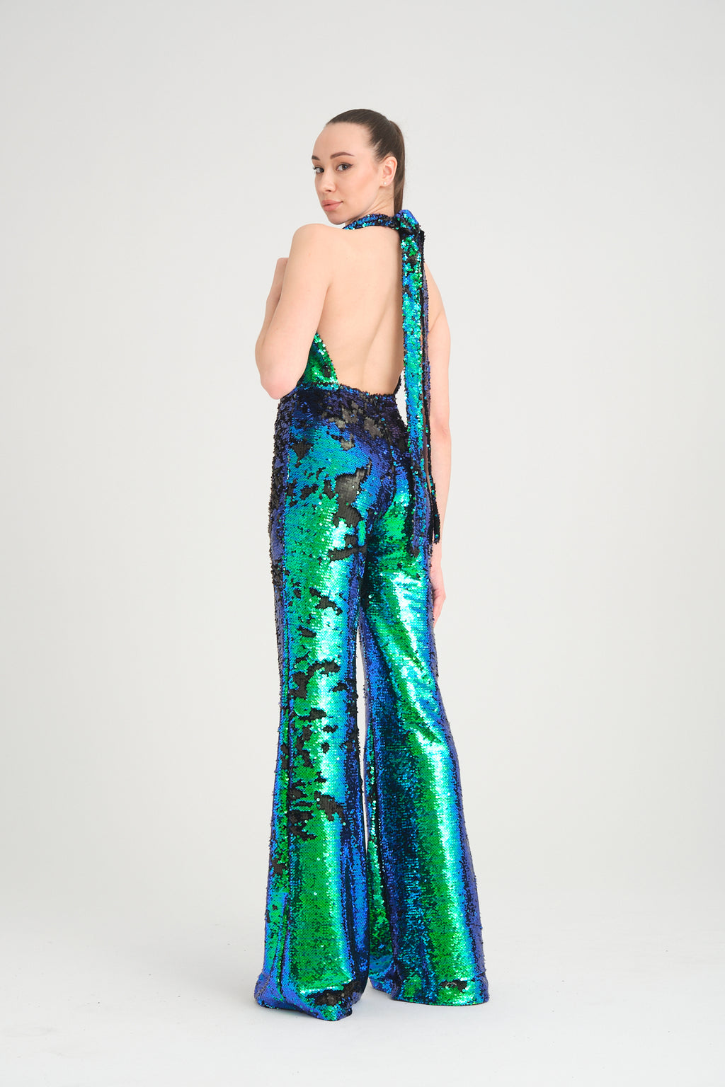 V Yaka Pul Payetli Yeşil Mavi Hologram Abiye Tulum