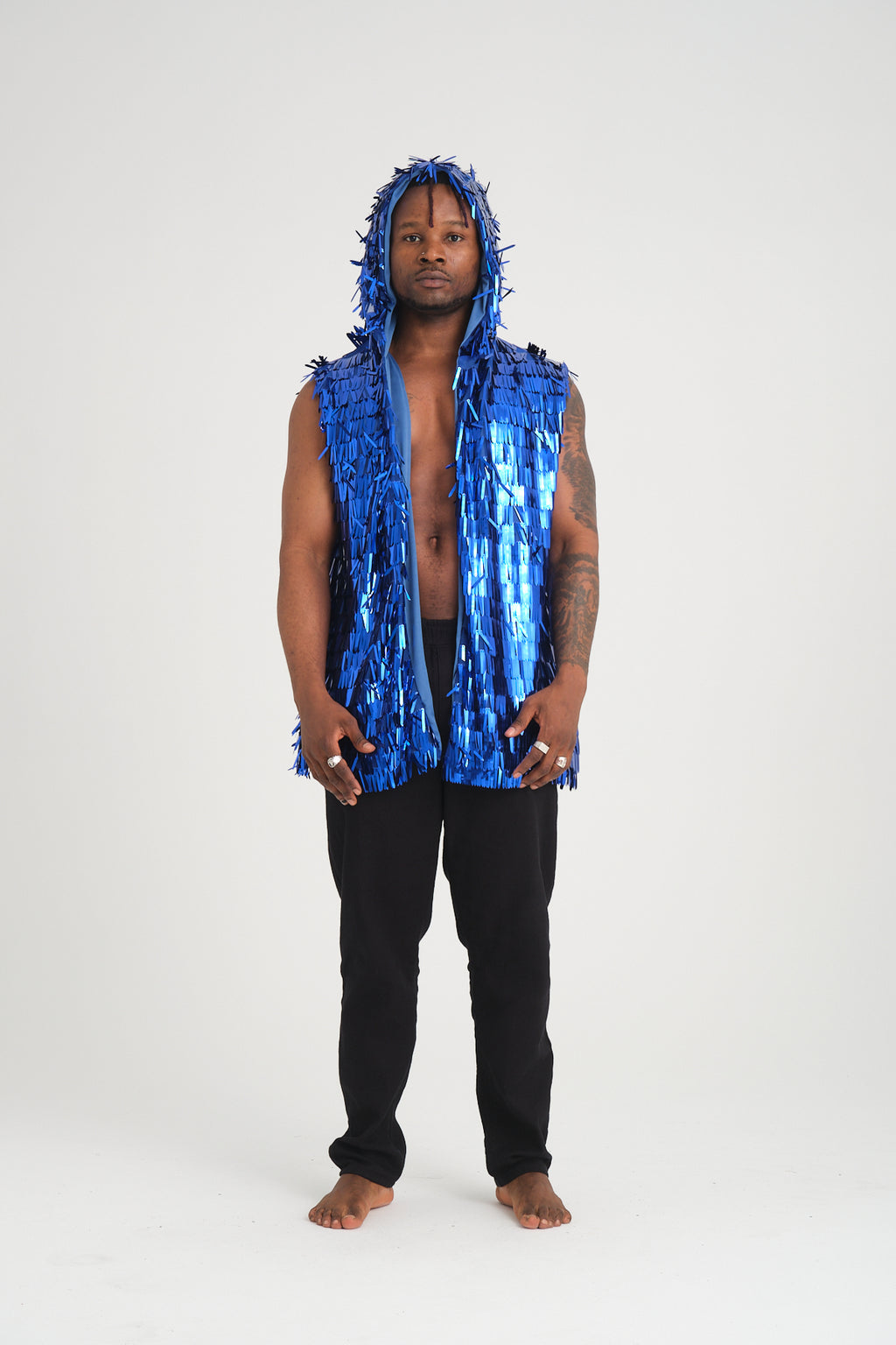 Mavi Uzun Pullu Kapüşonlu Yelek