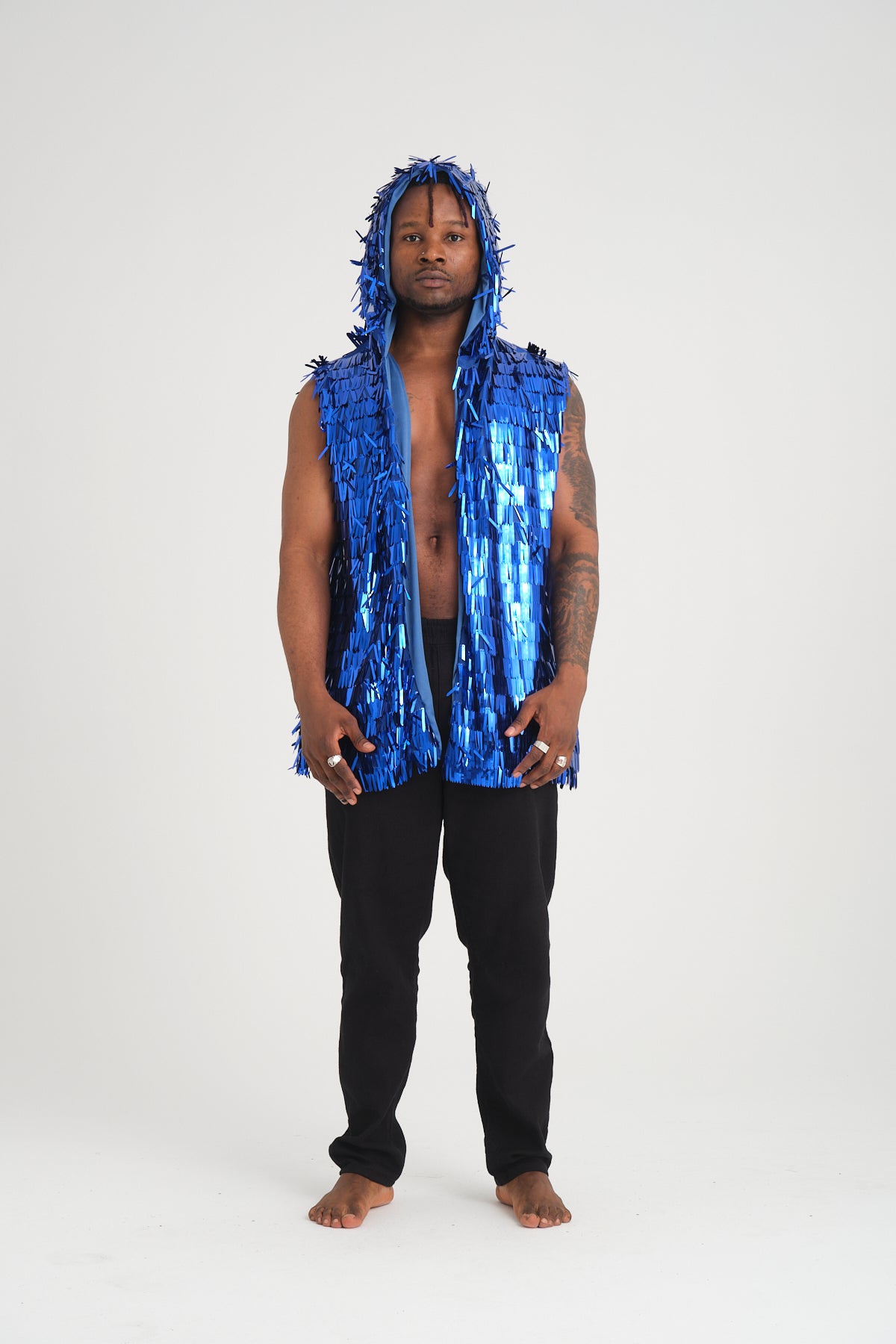 Mavi Uzun Pullu Kapüşonlu Yelek