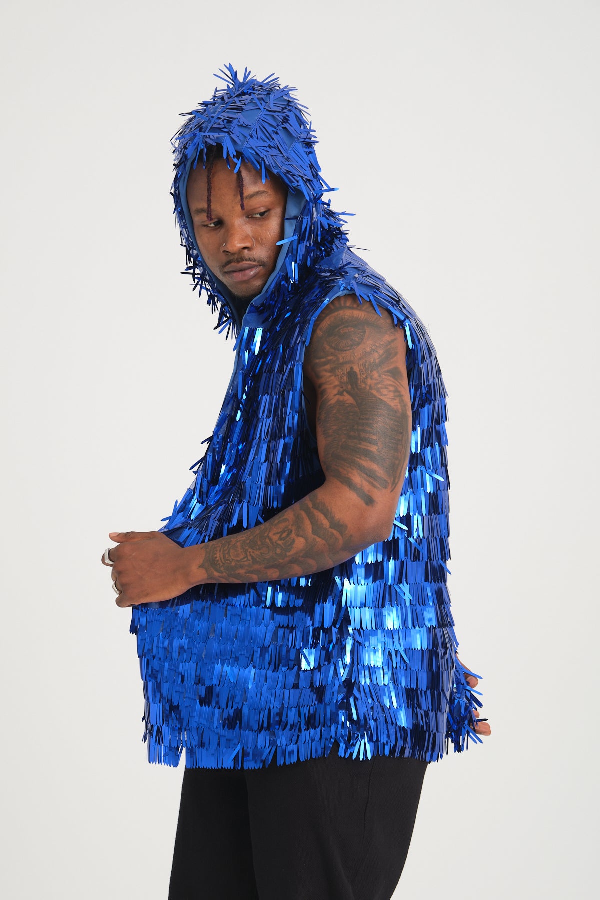 Mavi Uzun Pullu Kapüşonlu Yelek