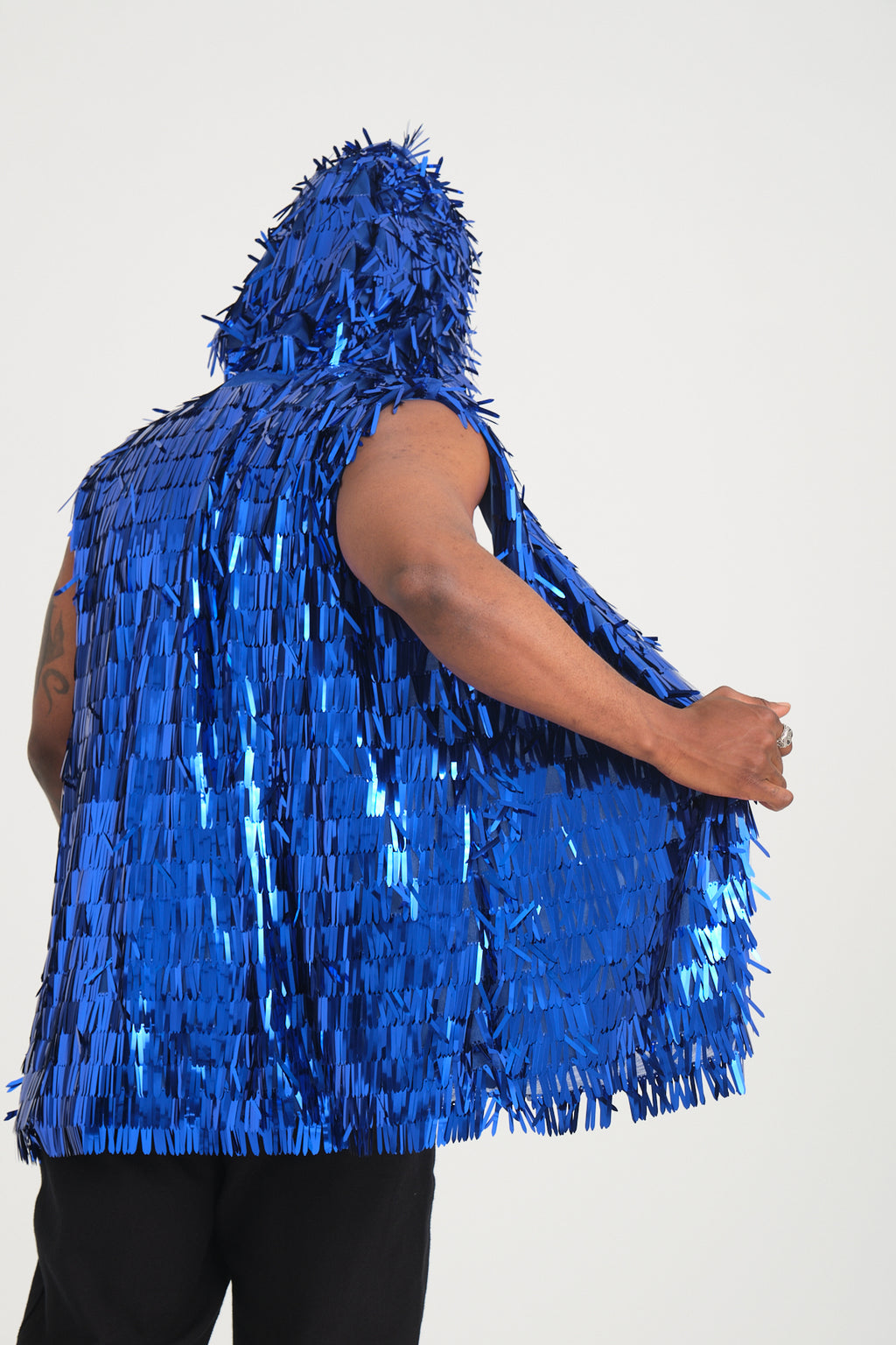 Mavi Uzun Pullu Kapüşonlu Yelek