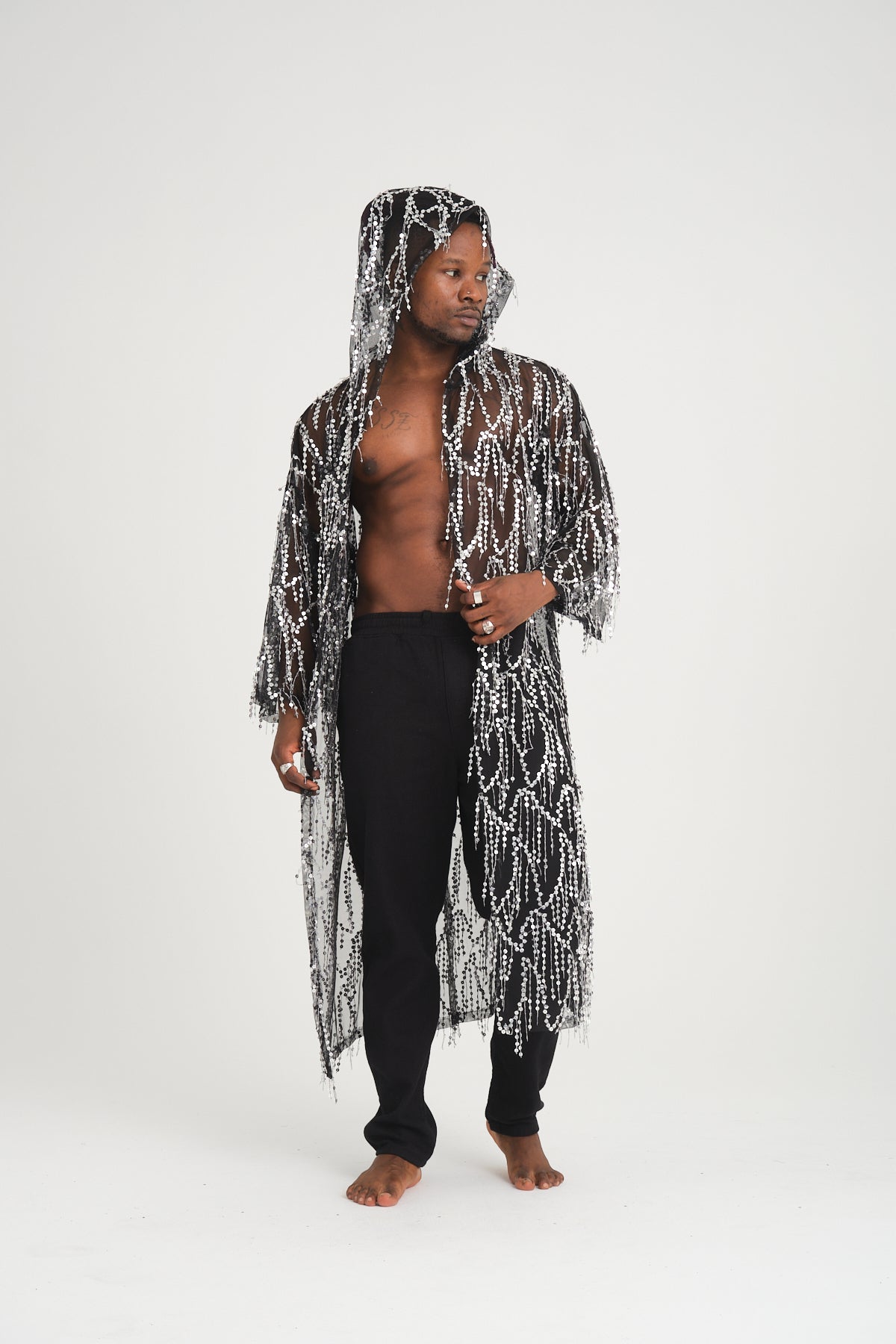 Pul Payetli Püsküllü Siyah Gümüş Uzun Kimono