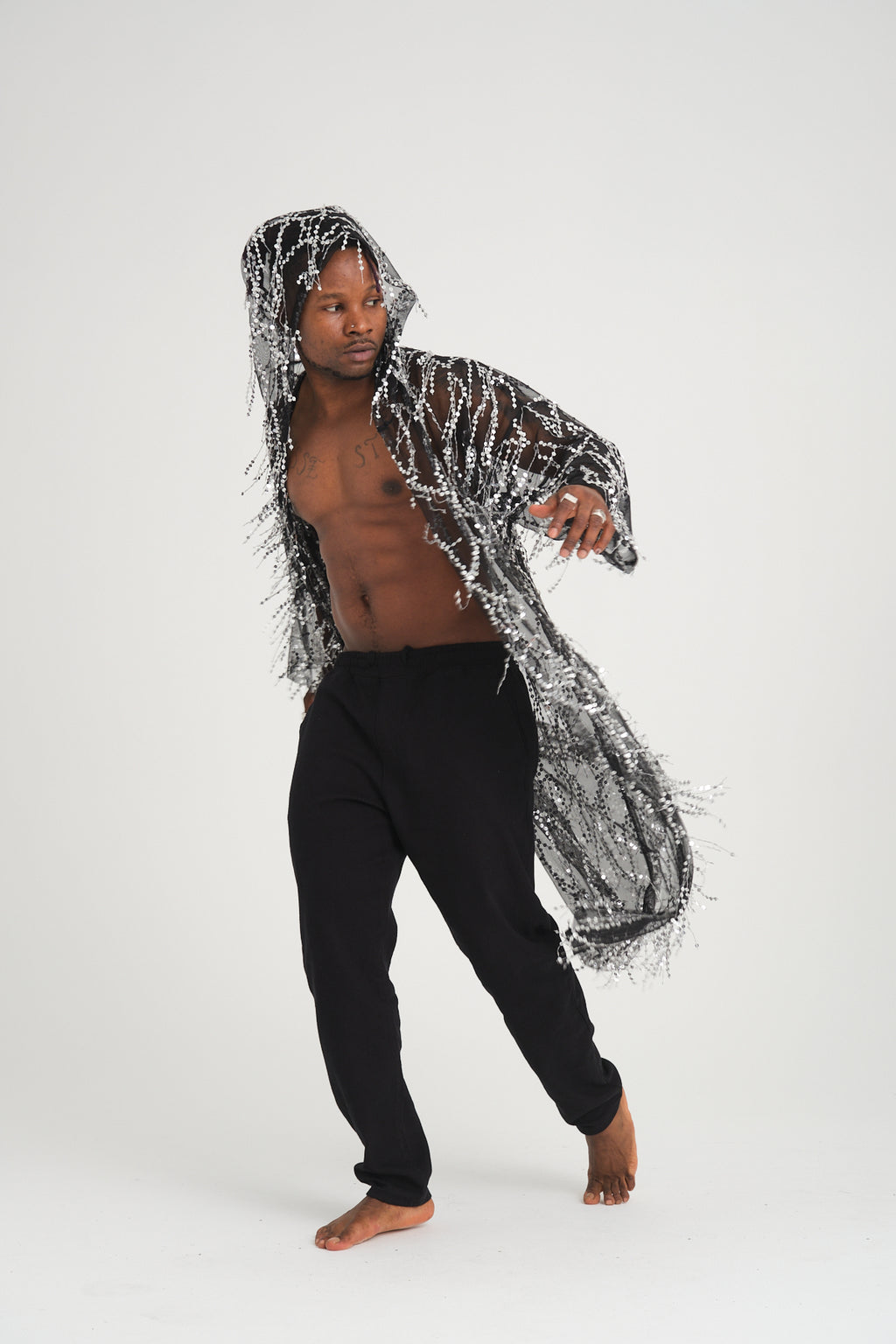 Pul Payetli Püsküllü Siyah Gümüş Uzun Kimono