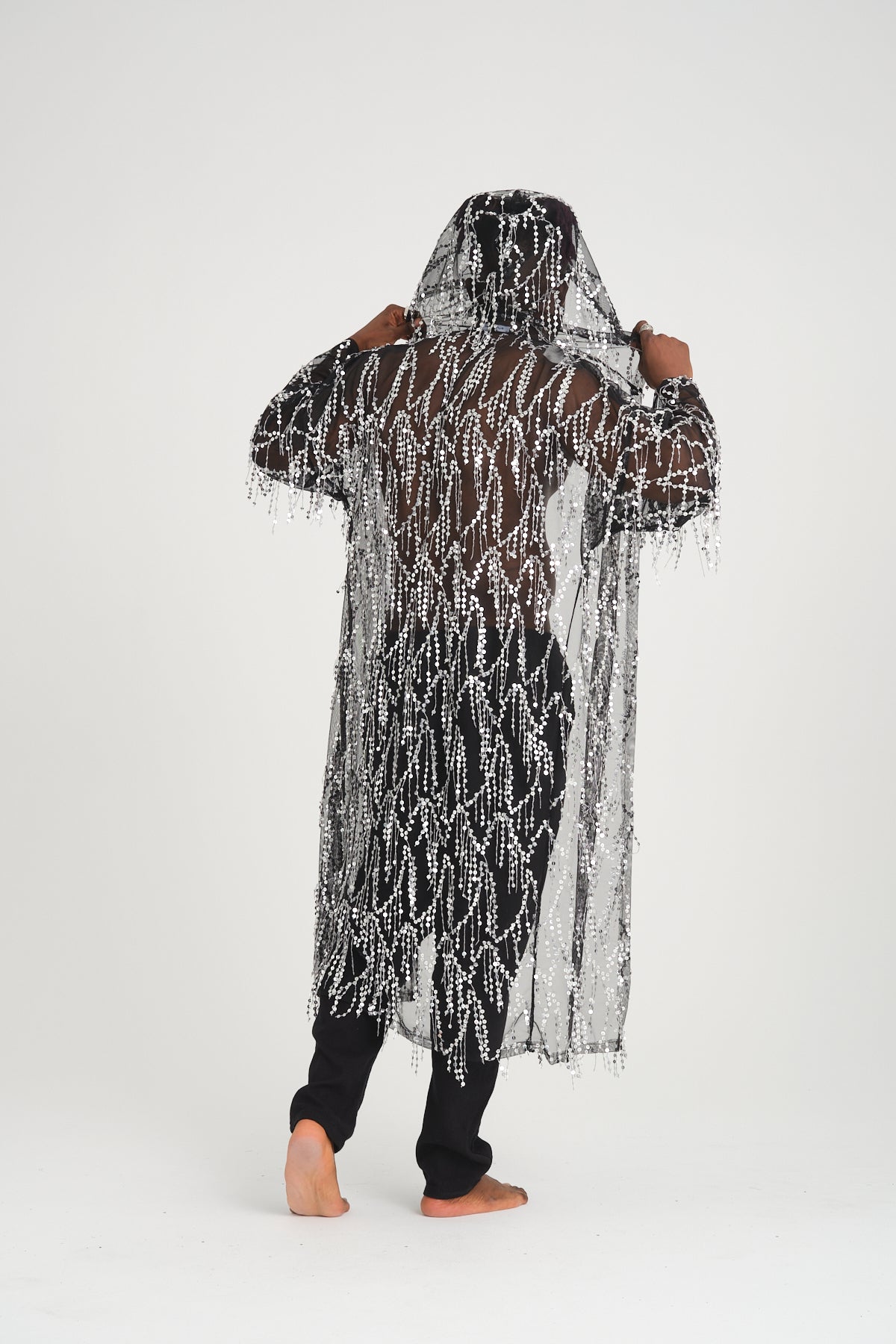 Pul Payetli Püsküllü Siyah Gümüş Uzun Kimono