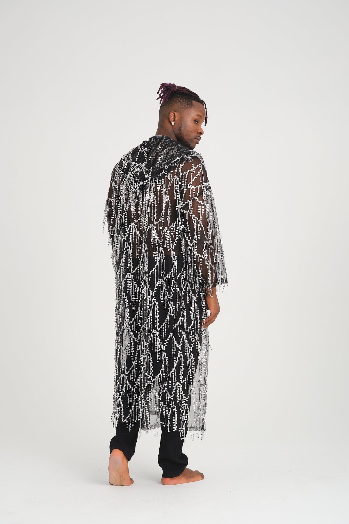 Pul Payetli Püsküllü Siyah Gümüş Uzun Kimono