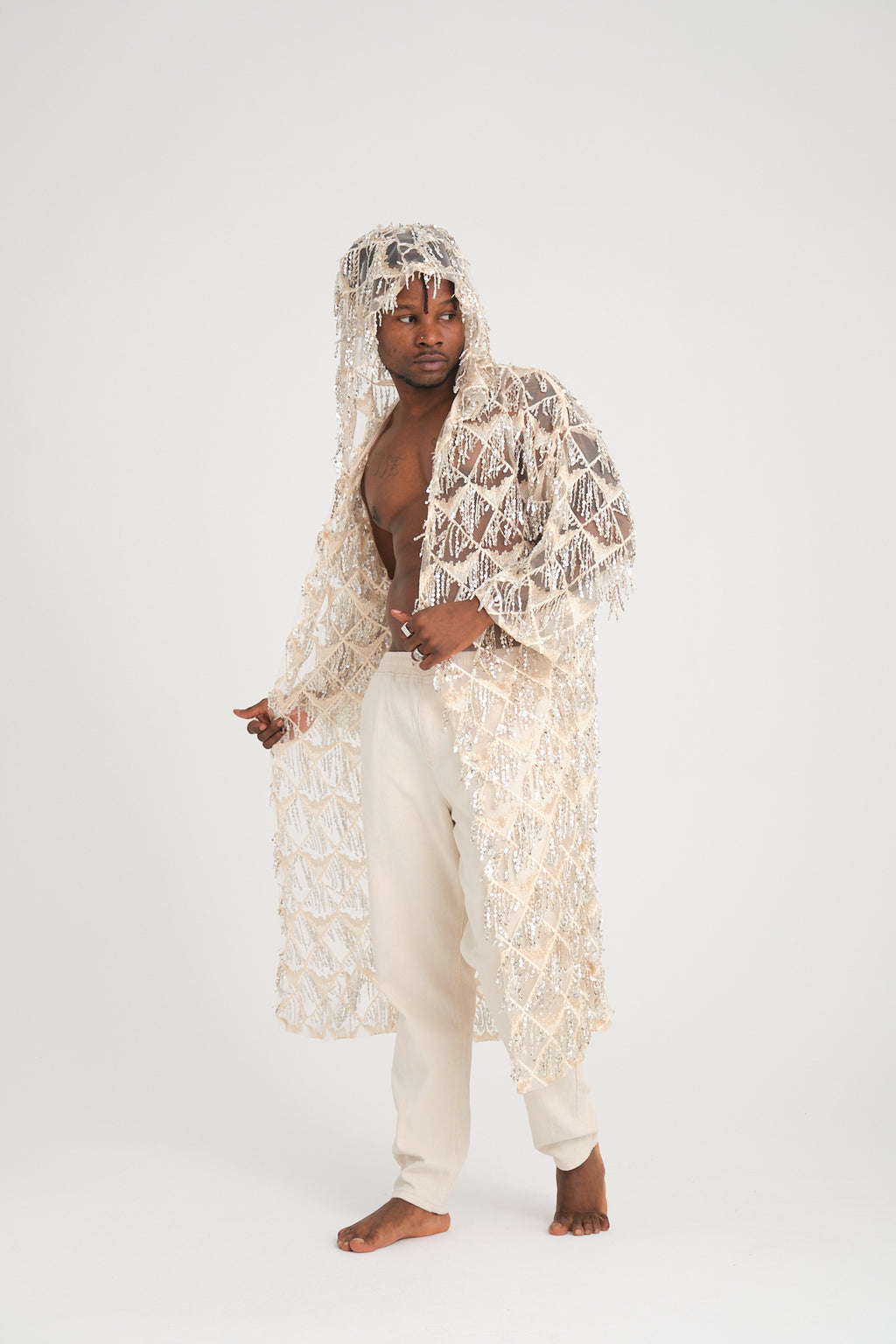 Pul Payetli Püsküllü Bej Uzun Kimono