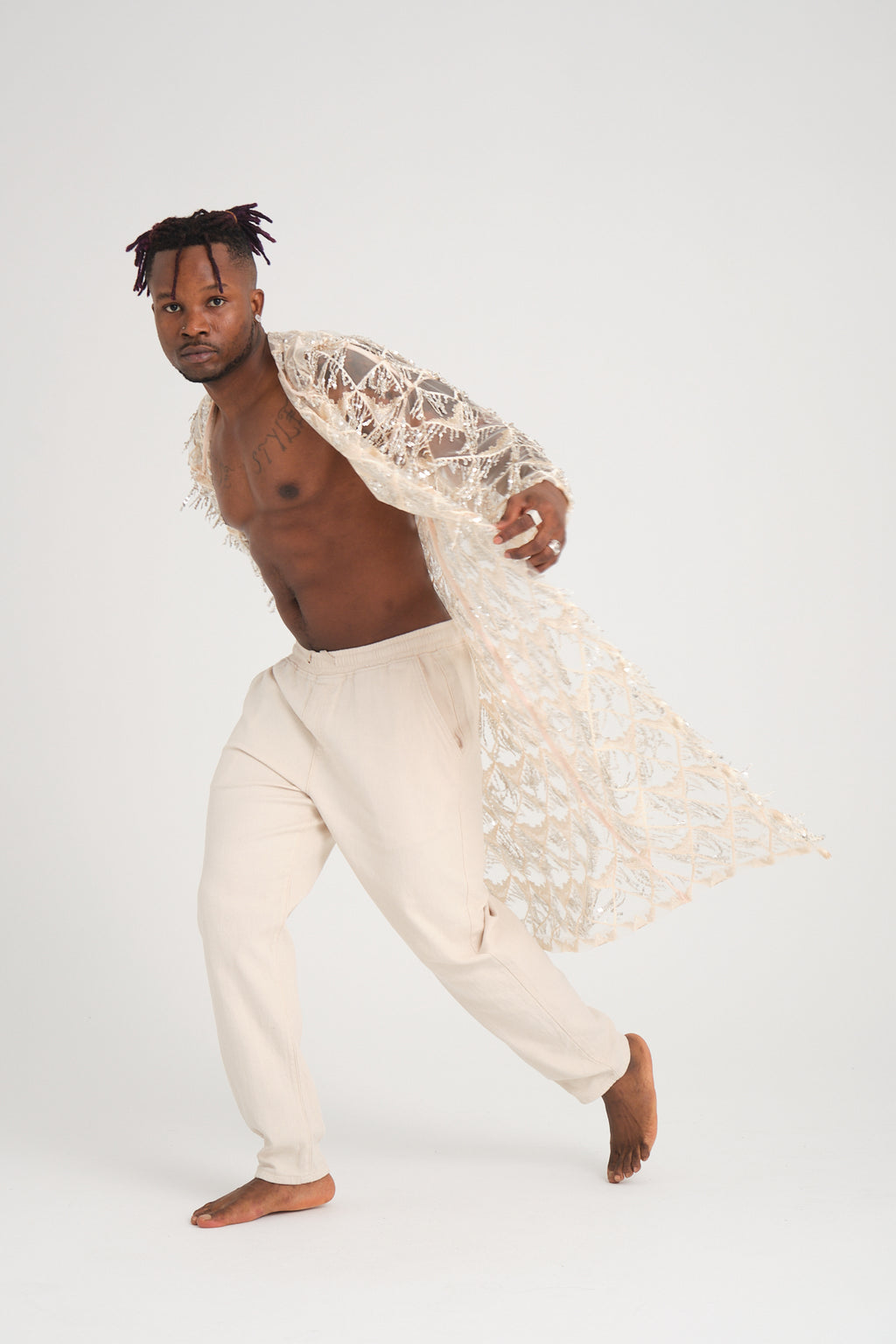 Pul Payetli Püsküllü Bej Uzun Kimono