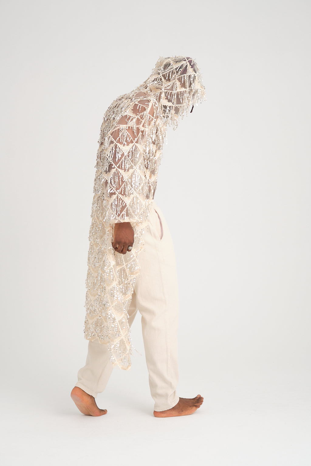 Pul Payetli Püsküllü Bej Uzun Kimono