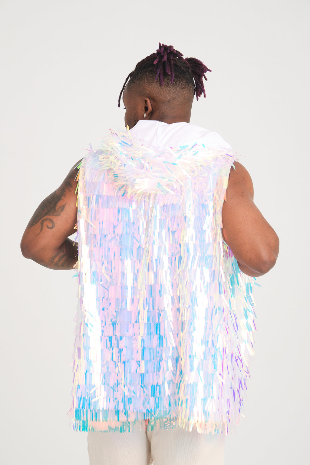 Beyaz Uzun Pullu Kapüşonlu Yelek