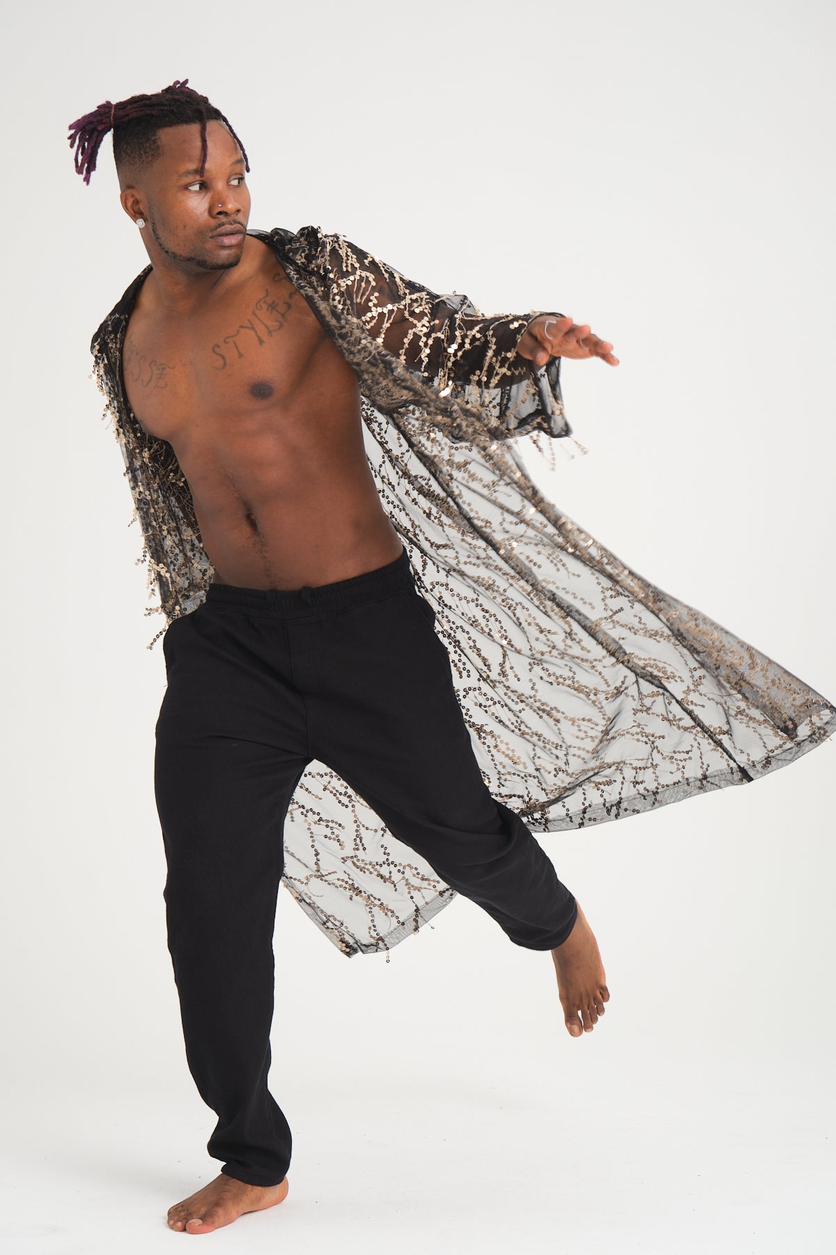 Pul Payetli Püsküllü Siyah Gold Uzun Kimono