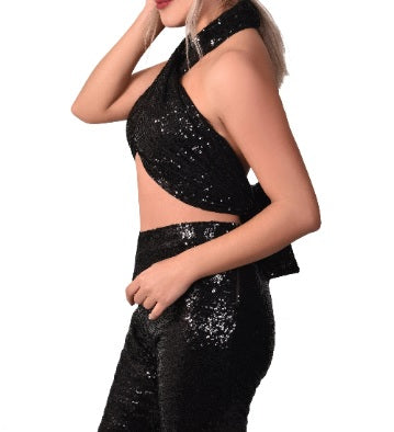 Pul Payetli Halter Yaka Bağlamalı Siyah Şal Bluz