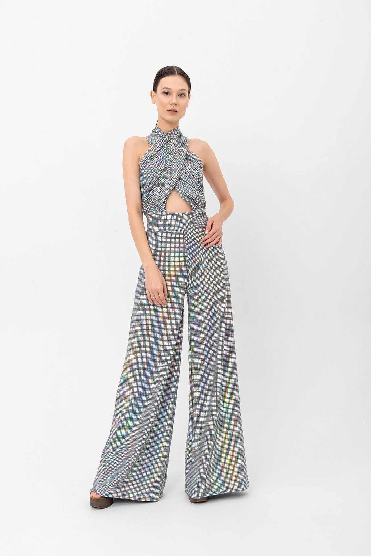 Halter Yaka Hologram Gümüş Wide Leg Tulum