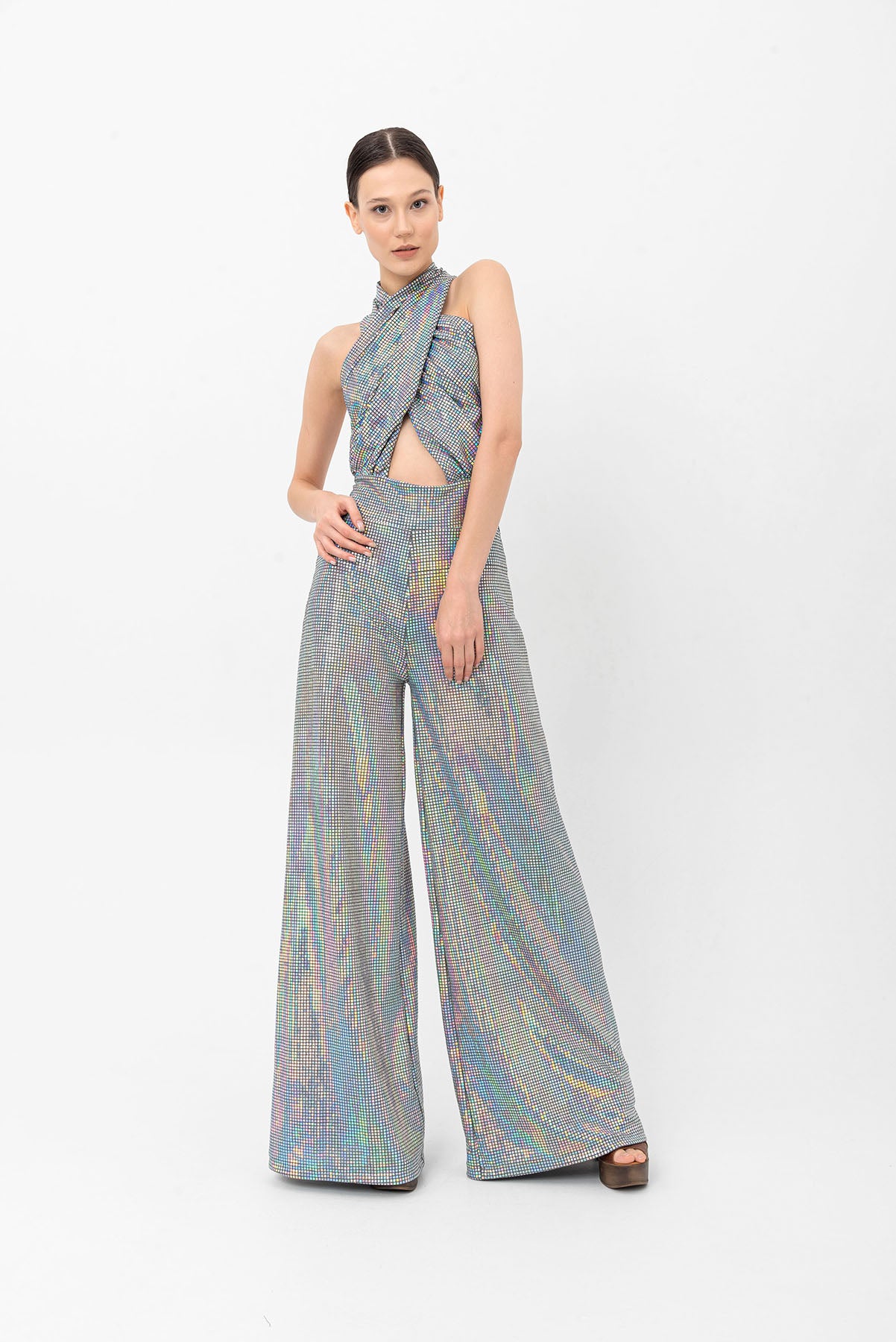 Halter Yaka Hologram Gümüş Wide Leg Tulum