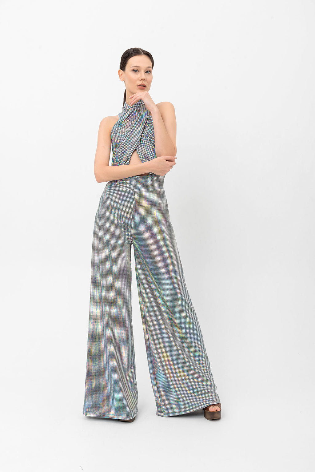 Halter Yaka Hologram Gümüş Wide Leg Tulum