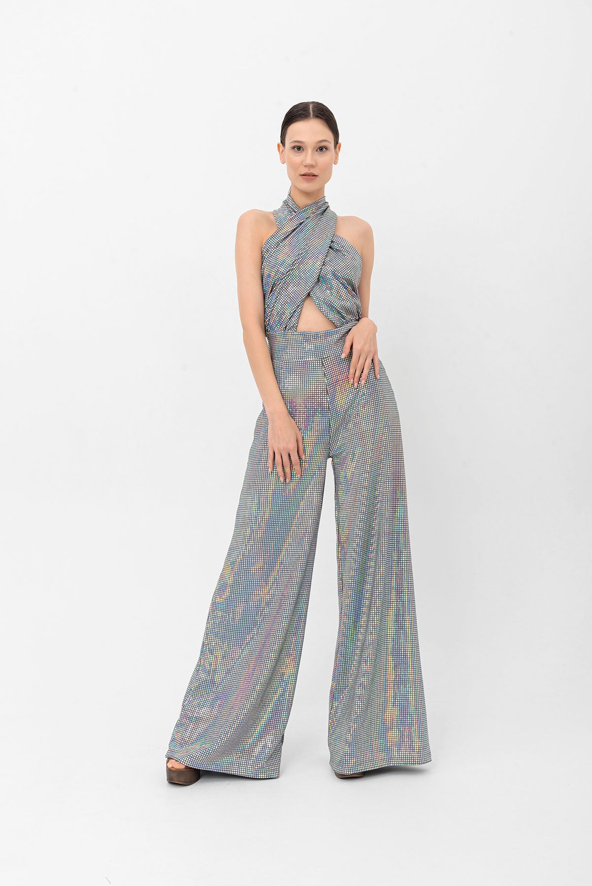 Halter Yaka Hologram Gümüş Wide Leg Tulum