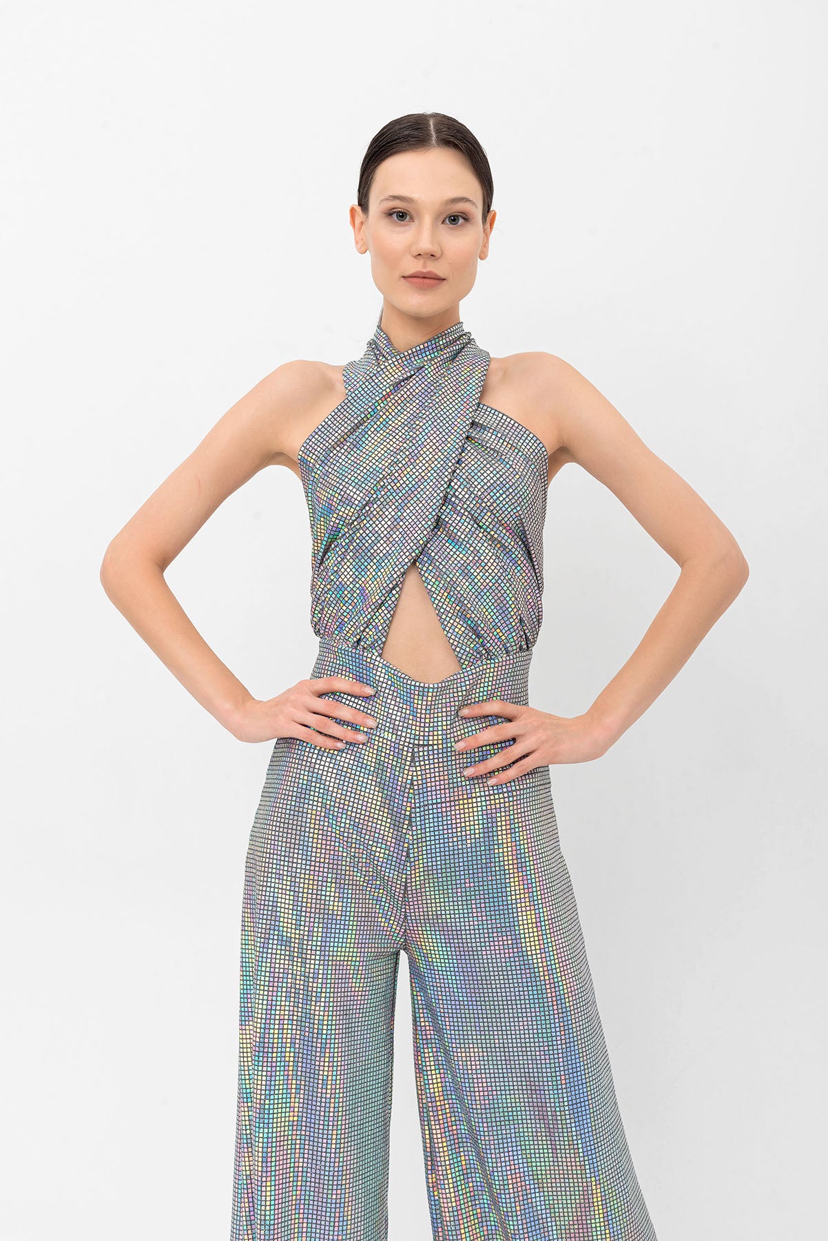 Halter Yaka Hologram Gümüş Wide Leg Tulum