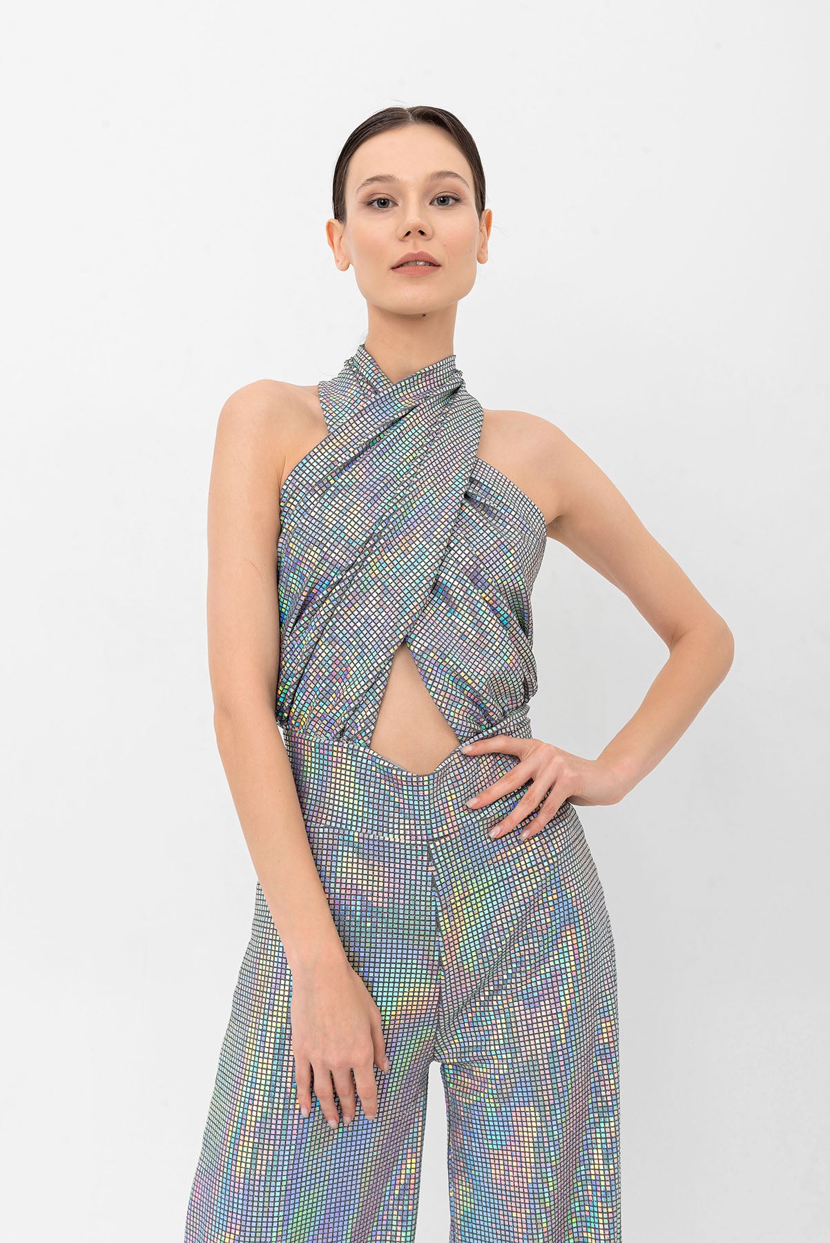 Halter Yaka Hologram Gümüş Wide Leg Tulum