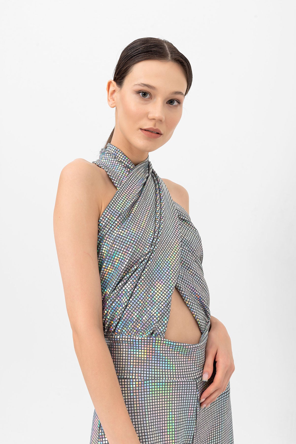 Halter Yaka Hologram Gümüş Wide Leg Tulum
