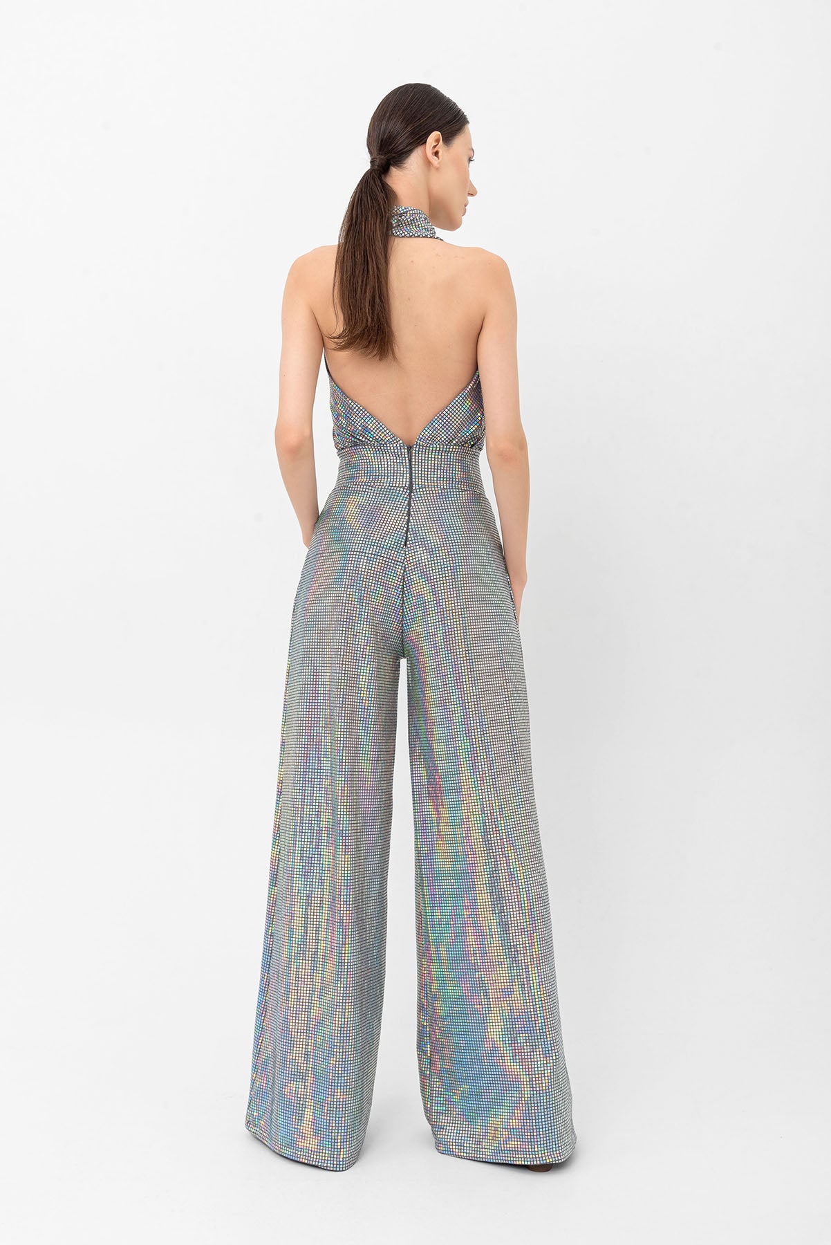 Halter Yaka Hologram Gümüş Wide Leg Tulum