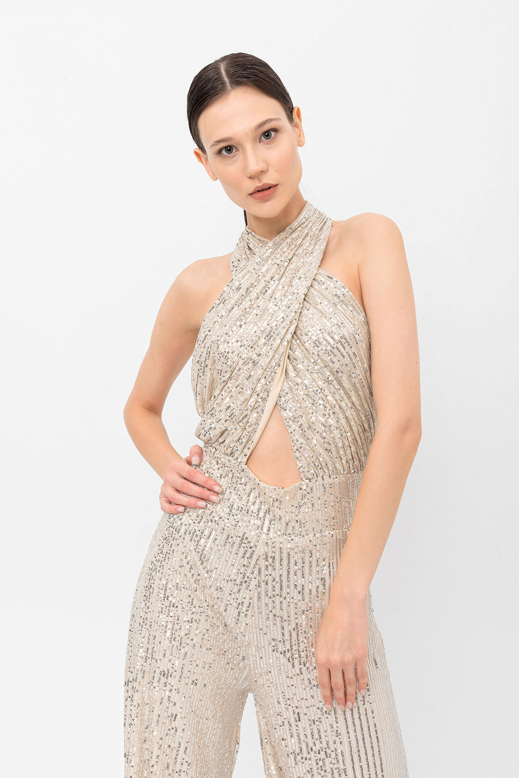 Pul Payetli Halter Yaka Şampanya Bej Wide Leg Tulum