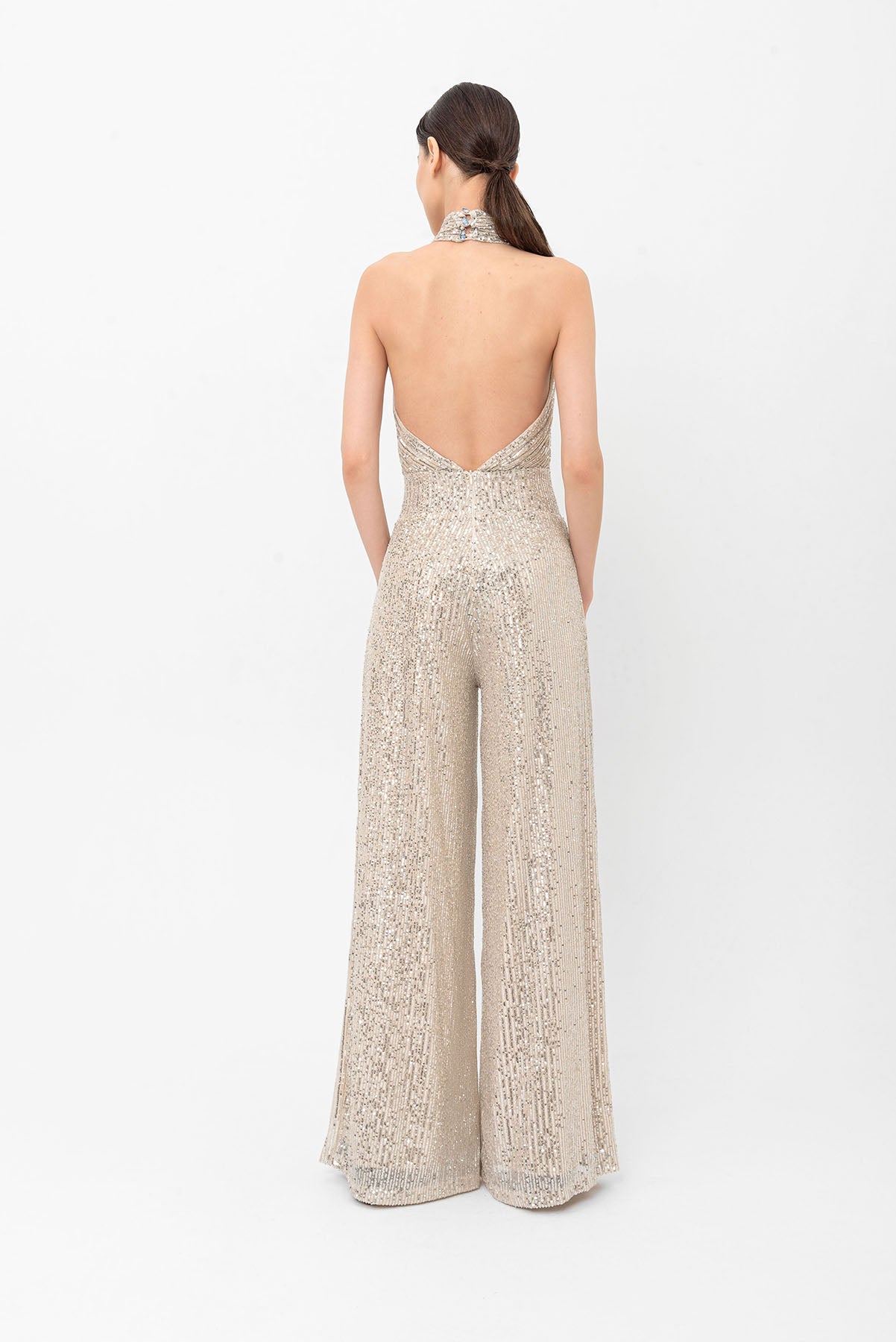 Pul Payetli Halter Yaka Şampanya Bej Wide Leg Tulum