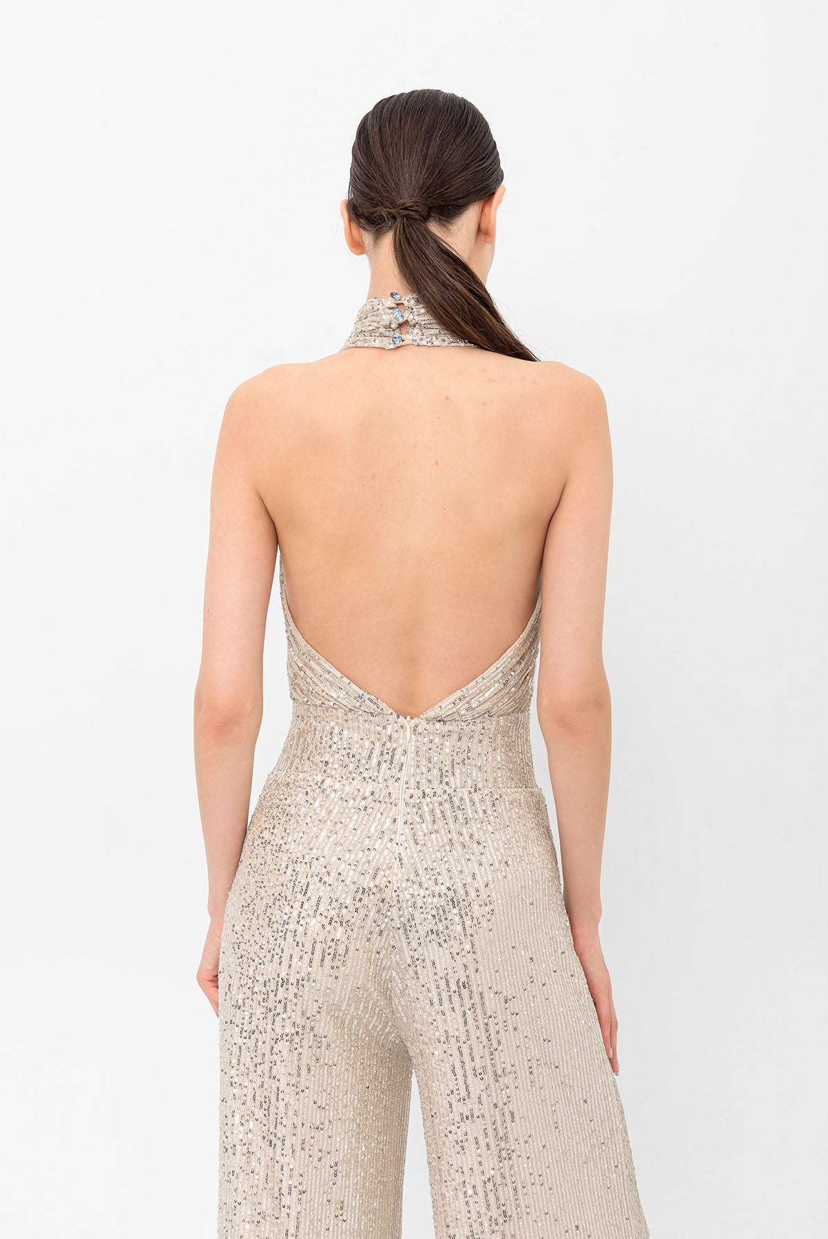 Pul Payetli Halter Yaka Şampanya Bej Wide Leg Tulum