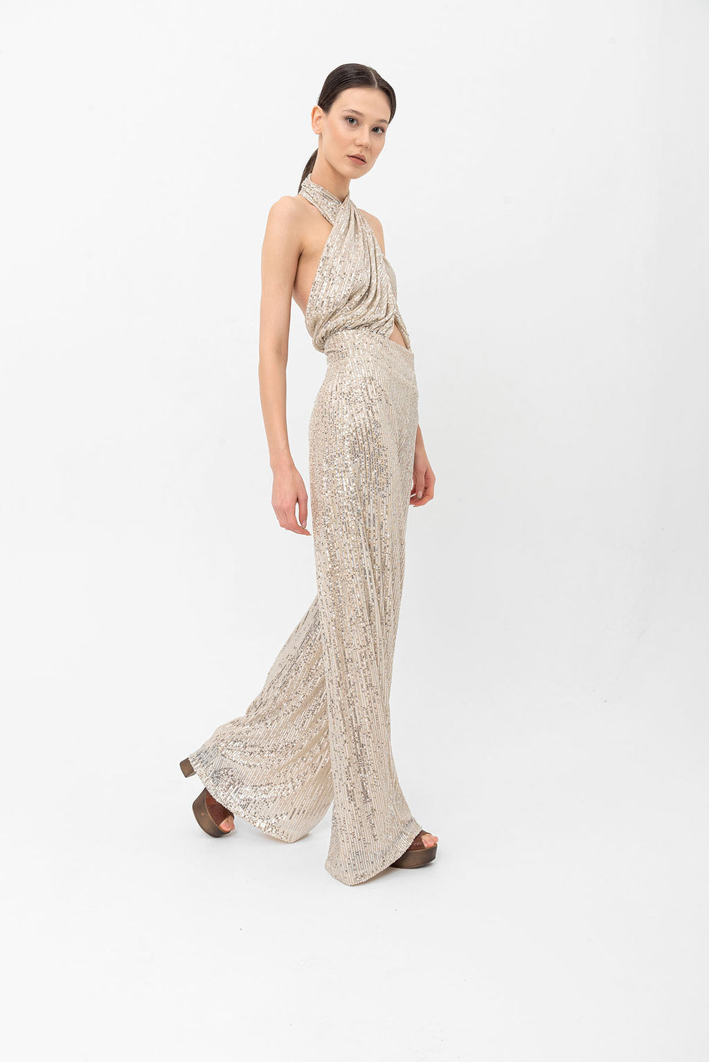 Pul Payetli Halter Yaka Şampanya Bej Wide Leg Tulum