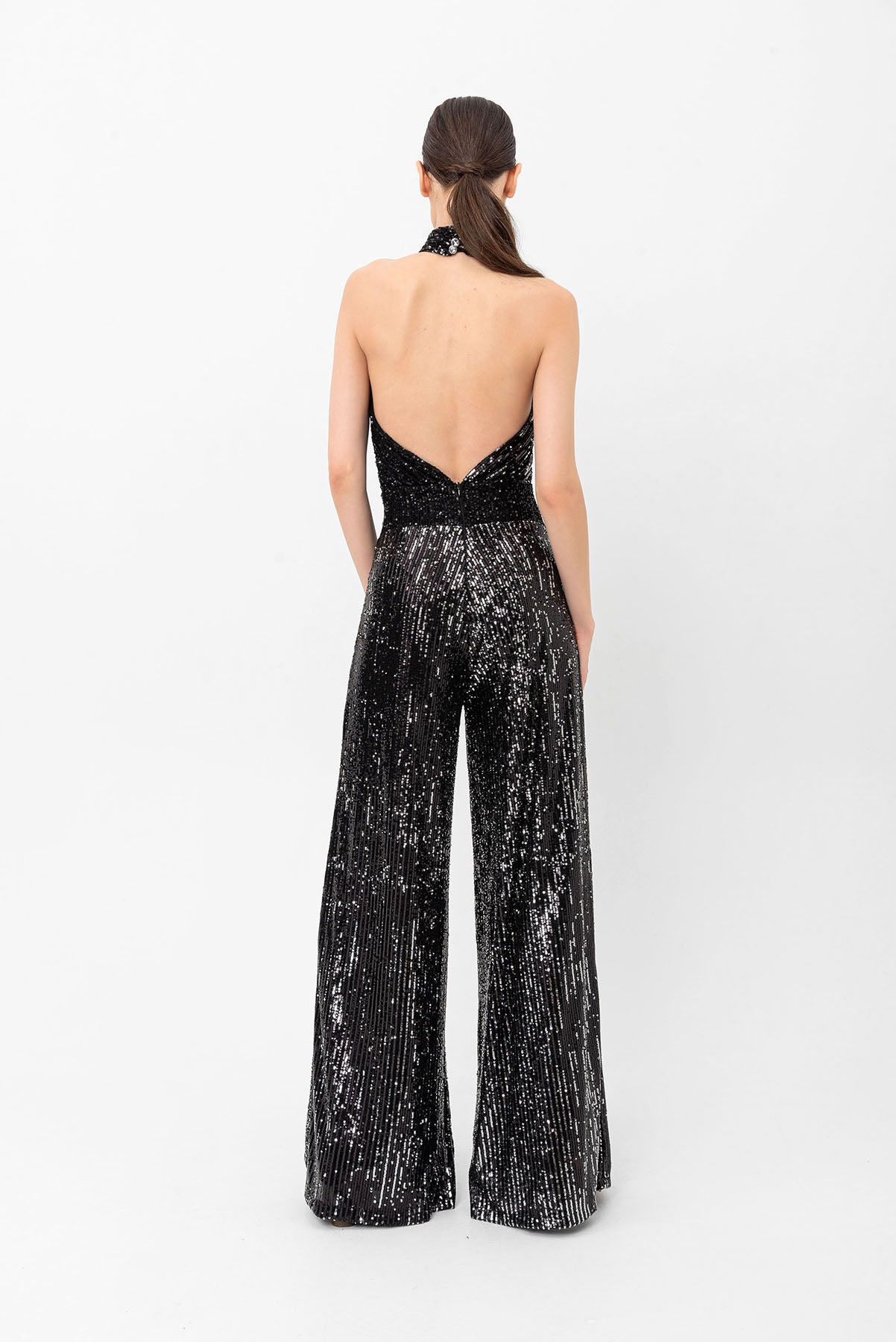 Pul Payetli Halter Yaka Siyah Gümüş Wide Leg Tulum