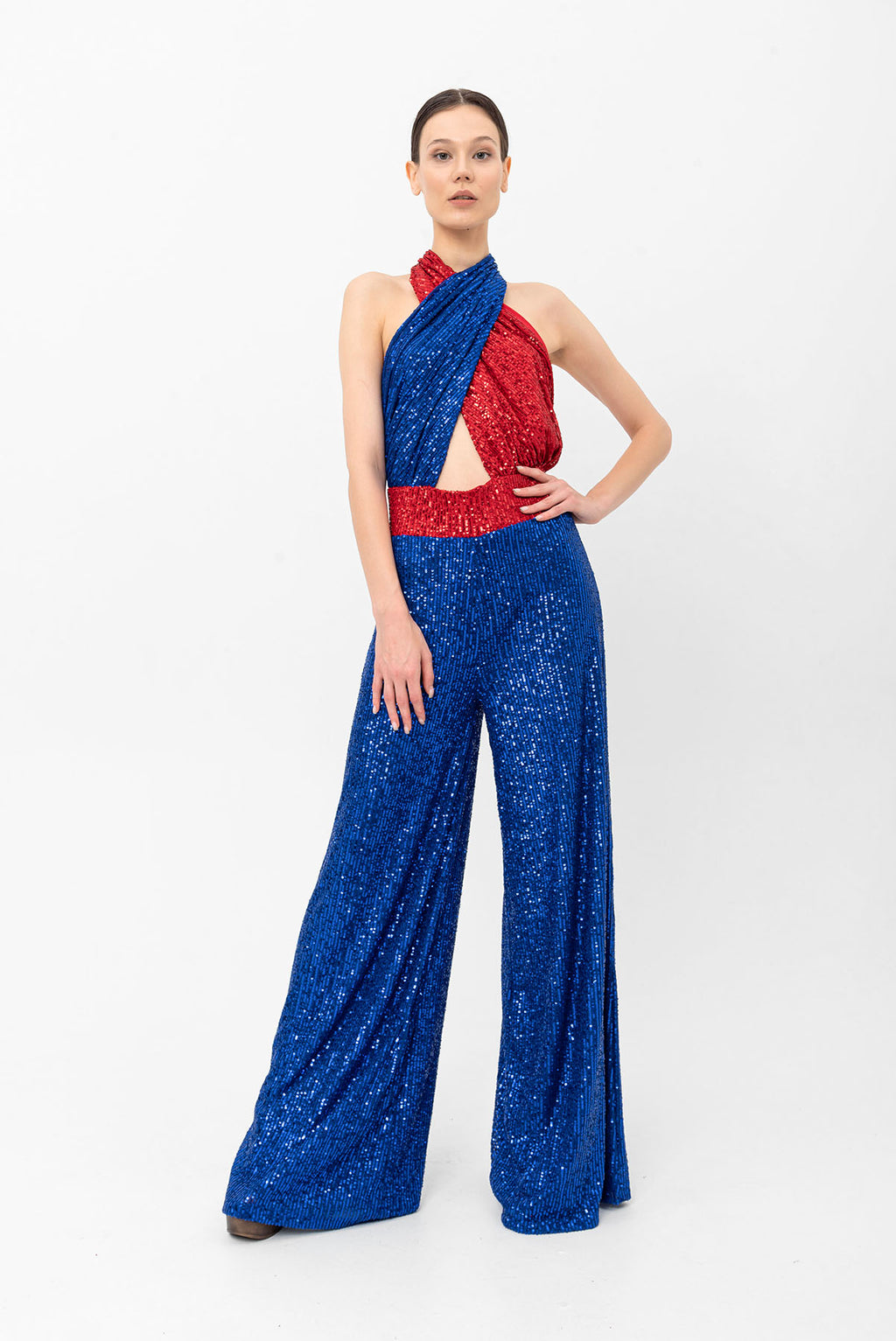 Pul Payetli Halter Yaka Kırmızı Mavi Wide Leg Tulum