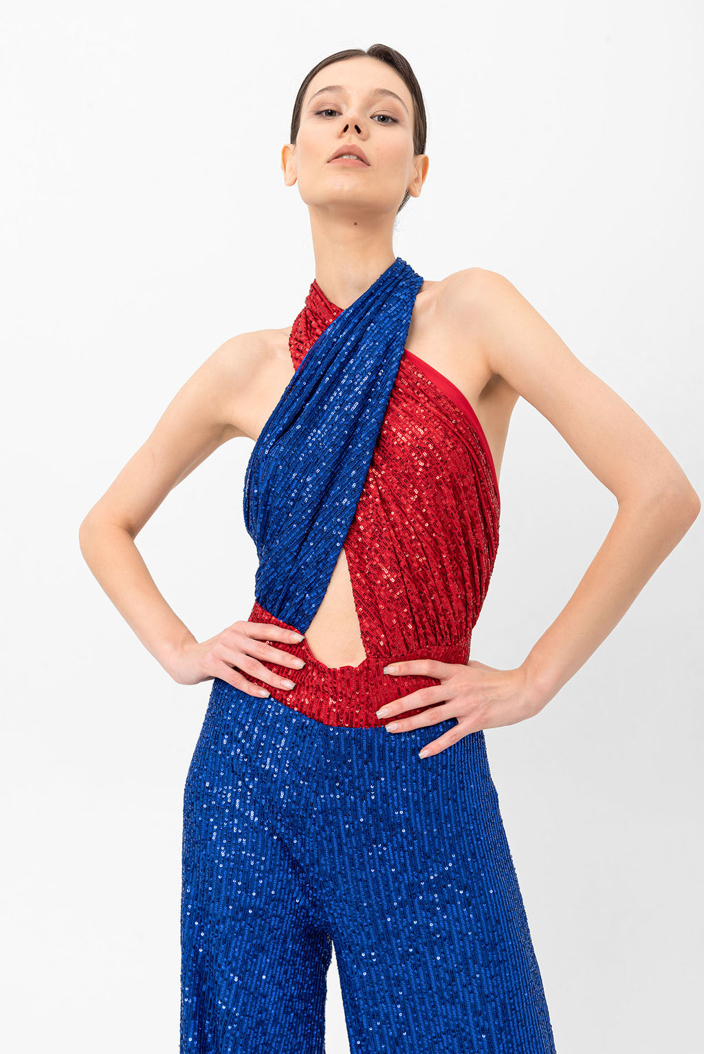 Pul Payetli Halter Yaka Kırmızı Mavi Wide Leg Tulum