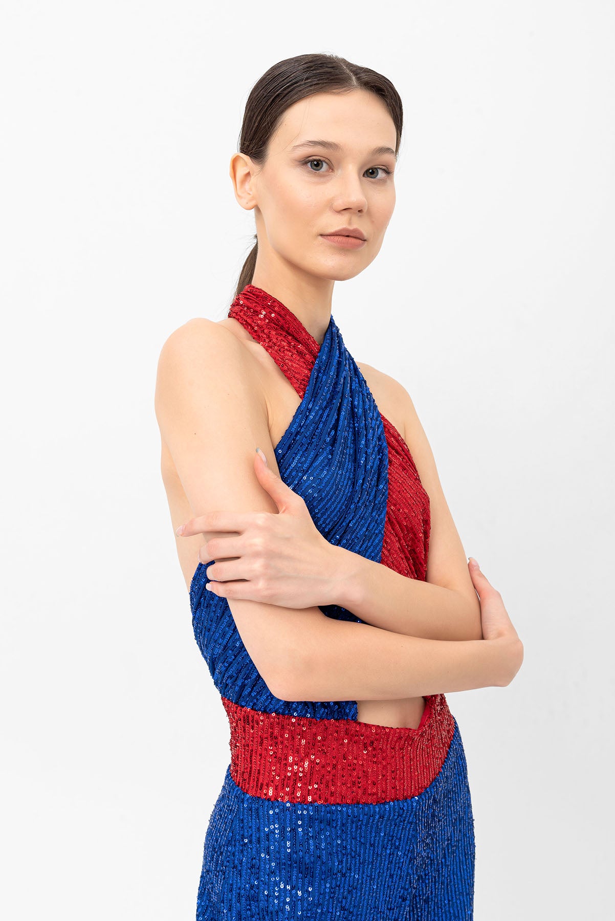 Pul Payetli Halter Yaka Kırmızı Mavi Wide Leg Tulum