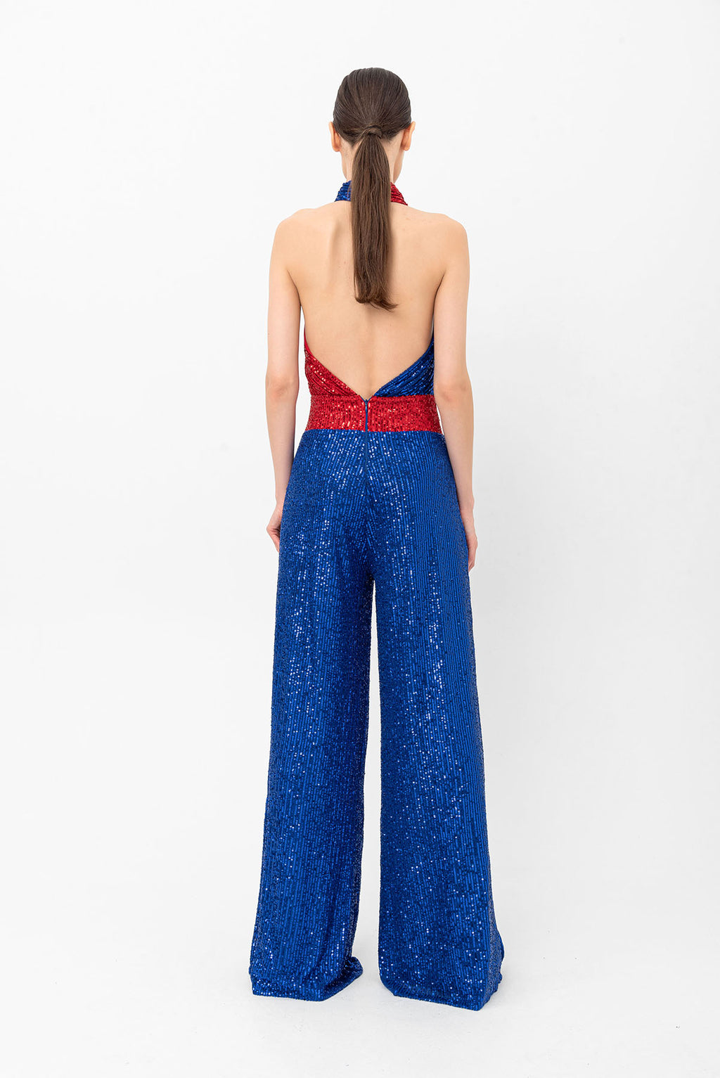 Pul Payetli Halter Yaka Kırmızı Mavi Wide Leg Tulum