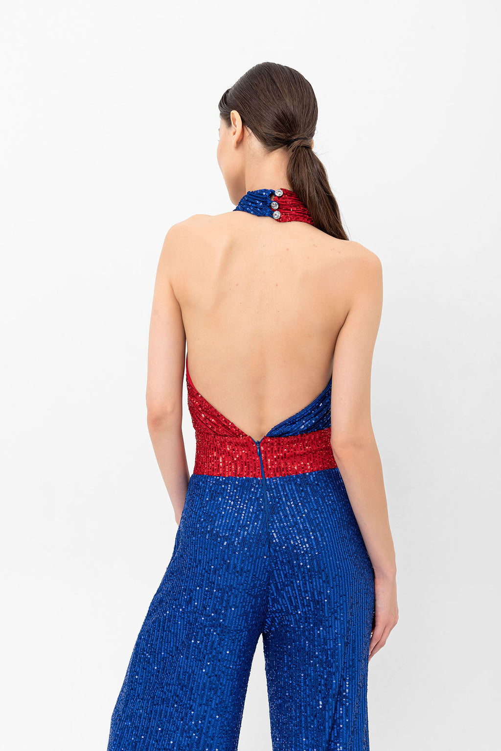 Pul Payetli Halter Yaka Kırmızı Mavi Wide Leg Tulum