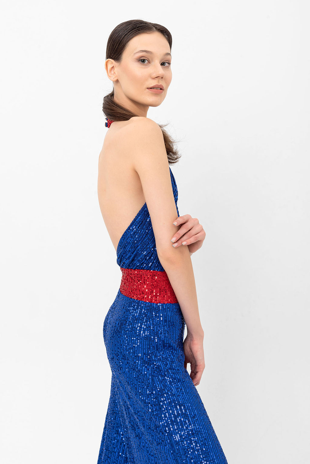 Pul Payetli Halter Yaka Kırmızı Mavi Wide Leg Tulum