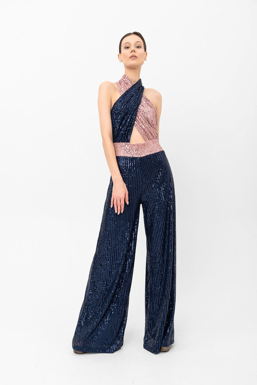 Pul Payetli Halter Yaka Pembe Lacivert Wide Leg Tulum